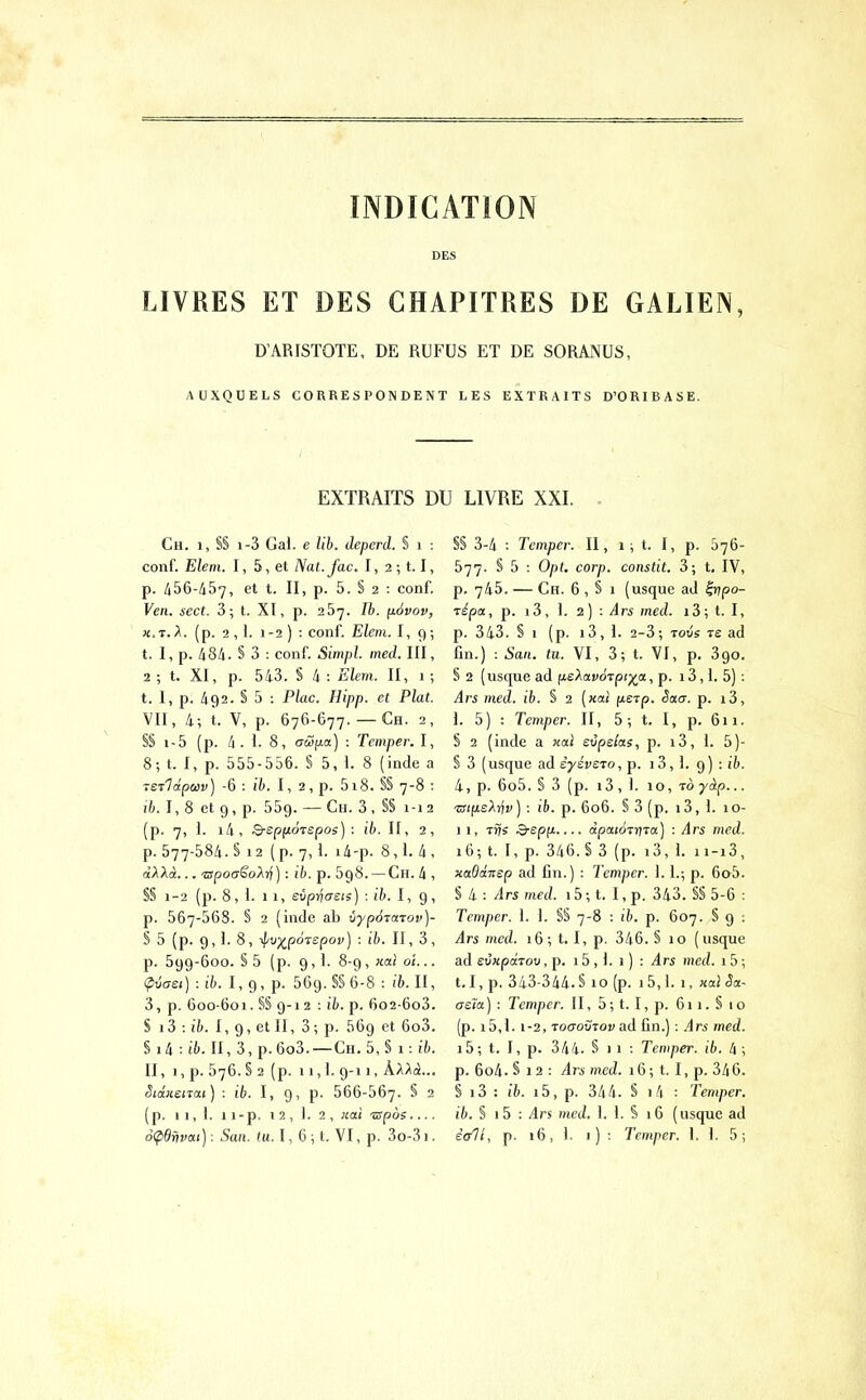 INDICATION DES LIVRES ET DES CHAPITRES DE GALIEIN, D'ARISTOTE, DE RUFUS ET DE SORANUS, AUXQUELS CORRESPONDENT LES EXTRAITS D'ORIBASE. EXTRAITS DU LIVRE XXI. Ch. I, S§ 1-3 Gai. e Uh. depcrd. S i : conf. Elem. I, 5, et Nal.fac. I, 2 ; 1.1, p. !i56-à5-j, et t. II, p. 5. S 2 : conf. Ven. sect. 3; t. XI, p. 257. Ib. fi6vov, «.T. A. (p. 2,1. 1-2 ) : conf. Elcm. I, 9; t. 1, p. 484. S 3 : conf. Simpl. med. III, 2; t. XI, p. 543. S 4: Elem. II, 1; t. I, p. 492. § 5 : Plac. Hipp. et Plat. VII, 4; t. V, p. 676-677.—Ch. 2, §§ 1-5 (p. 4 . 1. 8, aS^a) : Tcmper. I, 8; t. I, p. 555-556. § 5, I. 8 (inde a reTlâpuv) -6 : ib. I, 2, p. 518. §§ 7-8 : ib. I, 8 et 9, p. 559. — Ch. 3, §§ 1-12 (p. 7, I. i4, Q-spfiorspos) : ib. II, 2, p. 577-584. § 12 (p. 7,1. i4-p. 8,1.4, àXXà... -sjpocrêoArf ) : ib. p. 598. — Ch. 4 , §§ 1-2 (p. 8, I. 11, evpriaeis) : ib. 1,9, p. 567-568. § 2 (inde ab vypà-iaTov)- § 5 (p. 9, I. 8, \f'u;^pdTepoi') ; ib. II, 3, p. 599-600. S 5 (p. 9,1. 8-9, Koii oi... (^ûaet) 1,9, p. 569. §§ 6-8 : ('6. II, 3, p. 600-601. §§ 9-12 : ib. p. 6o2-6o3. S ii:ib. 1,9, et II, 3-, p. 569 et 6o3. %ik:ib. II, 3,p.6o3.—Ch. 5,§ i-.ib. II, 1, p. 576.5 2 (p. 11,1. 9-11, ÀAA(à... Sidxenat) : ib. I, 9, p. 566-567- ^ 2 (p. 11,1. 1 i-p. 12, 1. 2 , «ai 'zspos §§ 3-4 : Temper. II, 1 ; t. I, p. 576- 577. S 5 : Opt. corp. constit. 3; t. IV, p. 745. — Ch. 6 , § 1 (usque ad èvpo- Tépa, p. i3, I. 2) : Ars med. i3; t. I, p. 343. § 1 (p. i3, 1. 2-3; Tovs T£ ad fin.) : San. tu. VI, 3; t. VI, p. 390. § 2 (usque ad fjieXoivôrpi^a, p. i3,1. 5) : Ars med. ib. S 2 [xai (xerp. êaa. p. i3, 1. 5) : Temper. II, 5; t. I, p. 611. § 2 (inde a «ai evpslas, p. i3, 1. 5)- S 3 (usque adèyéveTo, p. i3, 1. 9) : ib. 4, p. 6o5. § 3 (p. i3 , 1. 10, To jàp... «ifjteAifi; ) : ib. p. 606. S 3 (p. 13, 1. 10- 1 1, Tris 3-epfi.... âpaioTr/ra) : Ars med. 16; t. l, p. 346.§ 3 (p. i3, 1. ii-i3, xaOtxTssp ad fin.) : Temper. 1. L; p. 6a5. § 4 : /Iri med. 15 ; t. I, p. 343. §§ 5-6 : Temper. 1. 1. §§ 7-8 : ib. p. 607. § 9 : Ars med. 16; t. I, p. 346. S 10 (usque ad sCxpaTou, p. 15 ,1. 1 ) : Ars med. 1 5 ; t.I,p. 343-344.§ 10 (p. i5,l. 1, xalSa- aeta] : Temper. II, 5; t. I, p. 611. § 10 (p. i5,l. 1-2, ToffoÛTovad fin.) : Ars med. i5 ; t. I, p. 344. § 1 1 : Temper. ib. 4 ; p. 6o4. § 1 2 : Ars med. 16 ; t. I, p. 346. S i3 : ib. i5, p. 344. § i4 : Temper. ib. § i5 : Ars med. 1. 1. S 16 (usque ad