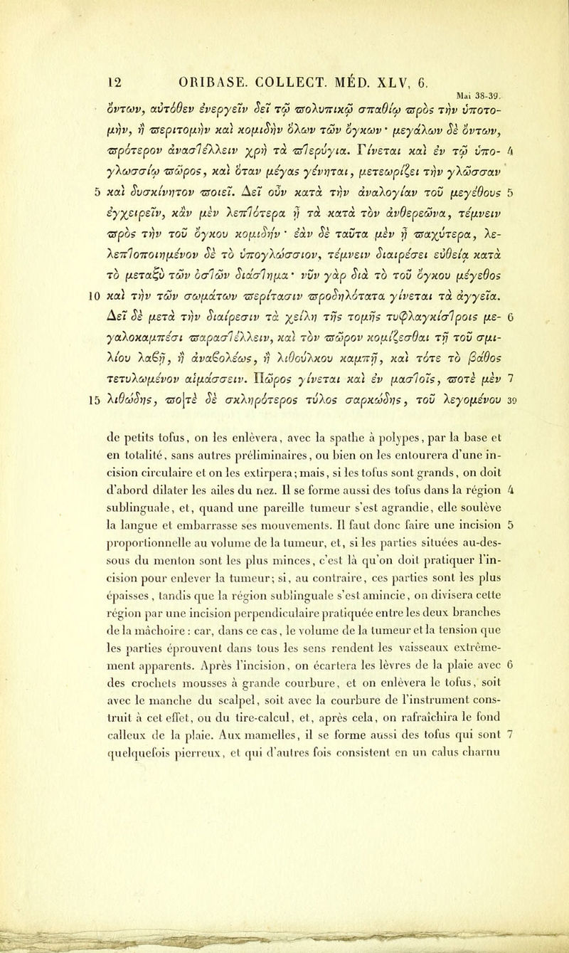 Mai 38-39, ■ ovtwv, avTÔÔsv èvspyeîv Sei tôj zso'kvTtixœ GnaBiw 'sspbs t^v vttoto- firiv, V 'usspnofxîjv Koi xofxiSïjv S'k&w lâv oyxcov ' yLsyéXwv Sè ovtoùv, -zspÔTSpov dvaaléXXsiv y^pij zà zslepvyia.. Tiveiai xai êv iw vtto- 4 yXoyijdiw TSwpo?, v.cà ttixv [léyas yévrjiai, (iSTSOopilet Trjv yXaacrav 5 Hat Sv(7xtvïirov 'urois7. Ast ovv xolto. Trjv dvaXoyi'av tov [isyéOovs 5 êy^apsTv, xâv fxèv XenloTepa >/ rà «arà lov àvBepecova, TsyLvsiv 'zspos Tïjv TOV oyxou KOixiSrjv ' èàv Ss Tavia. y.èv ri 'Zsa'xyTspa, Xe- \sTTloTTOiri[X£vov 10 VTtoyXcôacyiQv, léfxvsiv Siaipéasi svdsia. xaToc To {xera^v iwv oalcov Sidalrjiici,' vvv yàp Sià to tov oyxov [xéyedos 10 xai Trjv Tav <7Ci)[xdT0Jv izepi'raaiv zrpoSrjXSTiXTa yivBTtxi Tct àyyzïa. AeT ^£ fyisTa Trjv Siaipscrtv Ta xsiXri Trjs TOiifjs Tv(pXayHi'a1 pois (xs- 6 yaloxaixnéai 'ZSOLpaaléXkeiv, xcà tov tsœpov xonil,z(7Bai Trj tov crçjLt- Xi'ov Xa^rj, j; àvct^oXéws, rj XiOov'Kxov xotixirfj, xai tots to fidOos TeTvXoj^iévov aî[j.daasiv. îlœpos yi'veTott xa\ év fj-aaloîs, -arori (xèv 1 15 XiBcôSïis, 'ZSO^Tè Sè crxXrjpÔTspos tvXos aapxcoStjs, tov Xeyofxsvov 30 de petits tofus, on les enlèvera, avec la spathe à polypes, par la base et en totalité, sans autres préliminaires, ou bien on les enlourera d'une in- cision circulaire et on les extirpera ; mais, si les tofus sont grands, on doit d'abord dilater les ailes du nez. Il se forme aussi des tofus dans la région 4 sublinguale, et, quand une pareOle tumeur s'est agrandie, elle soulève la langue et embarrasse ses mouvements. Il faut donc faire une incision 5 proportionnelle au volume de la tumeur, et, si les parties situées au-des- sous du menton sont les plus minces, c'est là qu'on doit pratiquer l'in- cision pour eiJever la tumeur; si, au contraire, ces parties sont les plus épaisses , tandis que la région sublinguale s'est amincie, on divisera celte région par une incision perpendiculaire pratiquée entre les deux brandies de la mâchoire : car, dans ce cas, le volume de la tumeur et la tension que les parties éprouvent dans tous les sens rendent les vaisseaux extrême- ment apparents. Après l'incision, on écartera les lèvres de la plaie avec 6 des crochets mousses à grande courbure, et on enlèvera le tofus, soit avec le manche du scalpel, soit avec la courbure de l'instrument cons- truit à cet effet, ou du tire-calcul, et, après cela, on rafraîchira le fond calleux de la plaie. Aux mamelles, il se forme aussi des tofus qui sont 7 quelquefois pierreux, cl qui d'autres fois consistent en un calus charnu