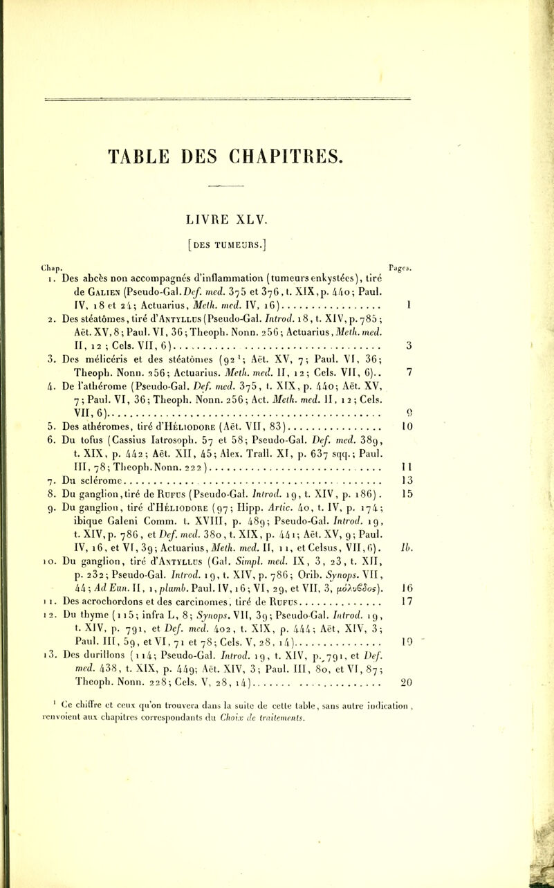 TABLE DES CHAPITRES. LIVRE XLV. [des ÏUME'jnS.] Cliap. Pagoa, 1. Des abcès non accompagnés d'inflammation (tumeursenkystées), tiré de Galien (Pseudo-Gai.7)(y. mccl. 376 et 876,t. XIX,p. /lAo; Paul. IV, 18 et 2i; Actuarius, Mctii. mcd. IV, 16) 1 2. Des stéatômes, tiré d'ANTYLLDS (Pseudo-Gai. Introd. 18, t. XIV, p. 786 ; Aët. XV, 8; Paul. VI, 36;Theoph. Nonn. 2 5G; Actuarius, Me(/t. med. II, 12 ; Ccls. VII, 6) 3 3. Des mélicéris et des stéatômes (92'; Aët. XV, 7; Paul. VI, 36; Theoph. Nonn. p.SG; Actuarius. Meth. med. II, 12; Gels. VII, C).. 7 4. De l'athérome (Pseudo-Gai. Def. mcd. 376, t. XIX, p. /lio; Aët. XV, 7;Paul. VI, 36;Tlieoph. Nonn. 2 56 ; Act. Me//i. med. II, 1 2 ; Gels. VII, 6) 0 5. Des athéromes, tiré d'HÉLiODOi\E (Aët. VII, 83) 10 6. Du tofus (Cassius latrosoph. 67 et 58; Pseudo-Gai. Def, med. 389, t. XIX, p. /(/i2; Aët. XII, 45; Alex. Trali. XI, p. 687 sqq.; Paul. III, 78; Theoph. Nonn. 222) Il 7. Du sclérome 13 8. Du ganglion,tiré de Rufus (Pseudo-Gai. Introd. 1 9 , t. XIV, p. 186) . 15 9. Du ganglion, tiré d'HÉLiODORE (97; Hipp. Ariic. do, t. IV, p. 174; ibique Galeni Comm. t. XVIII, p. 489; Pseudo-Gai./nfroJ. 19, t. XIV, p. 786 , et Def. med. 38o, t. XIX, p. 44 i ; Aët. XV, 9 ; Paul. IV, 16, et VI, 39; Actuarius, Mef/i. med. II, 11, etCeIsus, VII, G). Ib. 10. Du ganglion, tiré d'A^TYLLDS (Gai. Simpl. med. IX, 3, 23, t. XII, p. 232; Pseudo-Gai. Introd. 19, t. XIV, p. 786; Orib. Synops. VII, ài;AdEun.n, i,/)/um6.Paul. IV, i6;VI, 29, et VII, .3^ fxo^-jSSos). 16 1 I. Des acrochordons et des carcinomes, tiré de Rufus 17 12. Du ihyme ( 11 5 ; infra L, 8; .Sj/io/w. Vit, 89 ; PseudoGal./(i/ro(/. 19, t. XIV, p. 791, et Def. mcd. 4o2, t. XIX, p. 444; Aët, XIV, ,3; Paul. III, 59, et VI, 71 et 78; Gels. V, 28, i4) 19 13. Des durillons (ii4; Pseudo-Gai. Introd. 19, t. XIV, p.,791, et Def. med. 438, t. XIX, p. 449; Aët. XIV, 3; Paul. III, 80, et VI, 87; Theoph. Nonn. 228; Gels. V, 28, i4) 20 ' Ce chiffre et ceux qu'on trouvera dans la suite de cette table, sans autre indication , renvoient au\ chapitres corrcs|iondants du Choix de Iraiicmcnls.