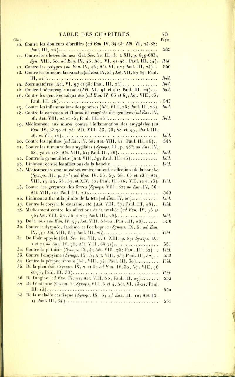 Cîijp. ' Pages. lo. Contre les douleurs d'orcDlcs [ad Eun. [V, 34-/|.3; Aët. VI, 7/1-88; Paul, m, 23) 545 ■I1. Contre les ulcères du nez (Gai. Sec. loc. III, 3, t. XII, p. 679-683; Sjn. VIII, 3o; ad Eau. IV, 46; Aët. VI, 91-93; Paul. Il'l, 2/i). Ihid. I 2. Contre les polypes [ad Eun. IV, 45; Aët. VI, 92; Paul. III, 24). . 546 1 3. Contre les tumeurs lacrymales [ad Eun. IV, 53 ; Aët. VII, 87-89 ; Patd. III, 22) IhiJ. i4. Sternulaloires (Aët. VI, 97 et 98; Paxd. III, 24) Ihid. • 5. Contre l'iiémorragie nasale (Aët. VI, 94 et ; Paul. III, 24). . . H'id. 1 6. Contre les gencives saignantes [ad Eun. IV, 66 et 67; Aët. VIII, 23 ; Paul. III, 26) 547 17. Contre les inflammations des gencives (Aët. VIII, 26; Paul. III, 26). Ibid. 18. Contre la corrosion et riumiidité exagérée des gencives [ad Eun. IV, 66; Aët. VIII, 24 et 25; Paul. III, 26) Ibid. 19. Médicament au\ mûres contre rinlîamniation des amygdales [ad Eun. IV, 68-70 et 73; Aët. VllI, 43, 46, 48 et 49; Paul. 111, 26, et VU, i4) Ibid. 20. Contre les aphthes [udEun. IV, 68; Aët. VIII, 42; Paul. III, 26). . 548 21. Conire les tumeurs des amygdales [Sjnops. III, p. 48 ; ad Eun. IV, 68, 70 et 128; Aët. Vlll,'5i; Paul. III, 26) Ibid. 22. Contre la grcnouiilette (Aët. VIII, 39; Paul. Itl, 26) Ibid. 23. Linimenl conire les afTections de la bouclie Ibid. 2II. iVlédicameat vivement coloré contre toutes les affections de la bouclie [Sjnops. m, p. 47*'; ad Eun. IV, 55, 57, 58, 65 et i33; Aëi. VIII, 17, 34, 35, 37, et XIV, 5o; Paul. 111, 26; VII, 12 et 13). Ibid. 25. Contre les gerçures des lèvres [Sjnops. VIII, 32; ad Eun. IV, 56; Aët. VIII, 19; Paul. III, 26) 549 26. Liniment attirant la pituite de la tête [ad Eun. IV, 60) Ihid. 27. Conire le coryza, le catarrlie, etc. (Aët. VIII, 67; Paul. III, 28). . Ibid. 28. Médicament contre les affections de la trachée [ad Eun. IV, 75 et 76;Act. Vlll, 54, 56 et 72; Paul. III, 28) Ihid. 29. Delà toux (a(t£un. IV, 77; Aët. VIII, 58-62 ; Paul. III, 28) 550 30. Contre la dyspnée, l'asthme et l'orthopuée [Sjnops. IX, 5; ad Eun. IV, 79; Aët. VIII, 63; Paul. SU, 29) Ibid. 31. De l'hémoptysie (Gai. Sec. loc. VII, 4, t. XIII, p. 87; Sjnops. IX, 1 et 2; ad Eau. IV, 78; Aët. VIII, 65-71)  551 32. Contre la phthisie [Sjnops. IX, 4; Aët. VIII, 75; Paul. III, 32).. . Ibid. 33. Contre l'empyèmc [Sjnops. IX, 3; Aët. VIII, 73; Paul. III, 32 ). . 552 34. Contre la péripneumonie (Aët. VIII, 74; Paul. III, 3o) Ihid. 35. De la pleurésie [Sjnops. IX, 7 et 8 ; ad Eun. IV, 3o; .\èi. VIII, 76 et 77; Paul, m, 33) ' Ibid. 36. De l'angine («(Z Eun. IV, 71; Aët. VIII, 5o; Paid. III, 27) 553 37. De l'épilepsie (Cf. eu. 2 ; Sjnops. VIII, 3 et 4; Aët. VI, 1 3-2 1 ; Paul. ni,i3) 554 .'^8. De la maladie cardiaque [Synops. IX, 6; ad Eun. III. 10; Aet. IX, 1; Paul, m, 34 )....! 555