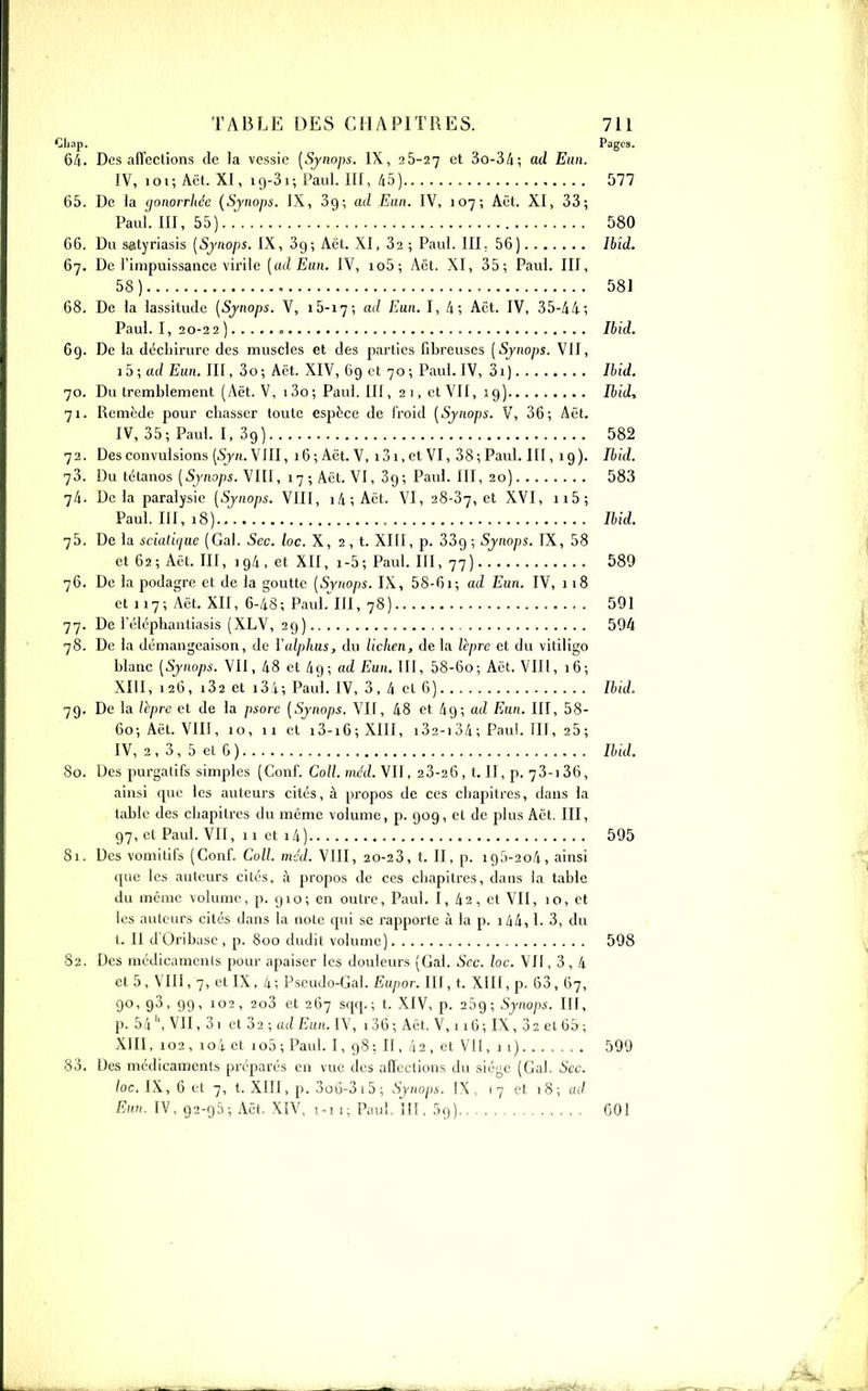 Cliap. Pages. 6/i. Désaffections de la vessie [Sjnops. IX, 26-27 et 30-3/1; ad Enn. IV, loi; Aët. XI, 19-31; Paul. III, /i5) 577 65. De ia (jonorrhée {Synops. IX, Sg; ad Eun. IV, 107; Aël. XI, 33; Paul. III, 55) 580 66. Du satyriasis [Synops. IX, Sg; Aët. XI, 32 ; Paul. III ; 56) Ibîd. 67. De l'impuissance virile [ad Eun. IV, io5; Aët. XI, 35; Paul. III, 58) 581 68. De la lassitude [Synops. V, 16-17; ad Eun. I, 4; Aët. IV, 35-44; Paul. I, 20-2 2 ) Ibid. 69. De la déchirure des muscles et des parties fibreuses [Synops. VII, i5; eu/ Eun. III, 3o; Aët. XIV, 69 et 70; Paul. IV, 3i) Ibid. 70. Du tremblement (Aët. V, i3o; Paul. III, 21, et VII, 19) Ibid, 71. Remède pour chasser toute espèce de froid [Synops. V, 36; Aët. IV, 35; Paul. I, 39) 582 72. Des convulsions (5y/i. VIII, i6;Aôt.V, i3i,etVI, 38;Paul.III, 19). Ibid. 73. Du tétanos VIII, i7;Aët.VI, 39; Paul. III, 20) 583 74. Delà paralysie [Synops. VIII, i4;Aët. VI, 28-37, et XVI, ii5; Paul. III, 18) Ibid. 75. De la scialujue (Gai. Sec. loc. X, 2, t. XIII, p. 339; Synops. IX, 58 et 62; Aët. III, 194, et XII, 1-5; Paul. III, 77) 589 76. De la podagre et de la goutte [Synops. IX, 58-61; ad Eun. IV, 118 et 117; Aët. XII, 6-48; Paul.'lII, 78) 591 77. De l'éléphantiasis (XLV, 29) 594 78. De la démangeaison, de Valphus, du lichen, de la lèpre et du vitiligo blanc [Synops. VII, 48 et 49; ad Eun, III, 58-6o; Aët. VIII, 16; XIII, 126, i32 et i3i; Paul. IV, 3, 4 cl 6) Ibid. 79. De la Icprc et de la psore [Synops. VII, 48 et 49; ad Eun. III, 58- 60; Aët. VIII, 10, 11 et i3-i6;XIII, i32-i34; Pau!. III, 25; IV, 2 , 3, 5 et G ) Ibid. 80. Des purgatifs simples (Conf. Co//. mAZ. VII, 23-26 , t. II, p. 73-136, ainsi que les auteurs cités, à propos de ces chapitres, dans la table des chapitres du même volume, p. 909, et de plus Aët. III, 97, et Paul. VII, 11 et 14) 595 81. Des vomitifs (Conf. Coll. mvd. VIII, 20-23, t. II, p. 196-204, ainsi que les auteurs cités, à propos de ces chapitres, dans la table du même volume, p. 910; en outre, Paul. I, 42, et VII, 10, et les auteurs cités dans la note qui se rapporte à la p. i44,1. 3, du 1. II d'Oribasc , p. 800 dudit volume) 598 82. Des médicamcnis pour apaiser les douleurs (Gai. Sec. loc. VII ,3,4 et 5, VIII, 7, et IX, 4 ; Pseudo-Gai. Eu/)or. III, t. XIII, p. 63, 67, 90, 93, 99, 102, 2o3 et 267 sqq.; t. XIV, p. 269; Synops. III, p. 64 Vli, 31 et 32 ; ad Eun. IV, 136 ; Aët. V, 116 ; IX, 3 2 et 65 ; XIII, 102, loi et io5; Paul. I, 98: II, 42, et VII, ii) 599 83. Des médicaments préparés en vue des affections du siège (Gai. Sec. loc. IX, 6 et 7, t. XIII, p. 3oD-3i5; Synops. IX , 1 7 et 1 8 ; IV, 92-93; Aët. XÎV, 1-11; Paul, ÎII, 69) 601