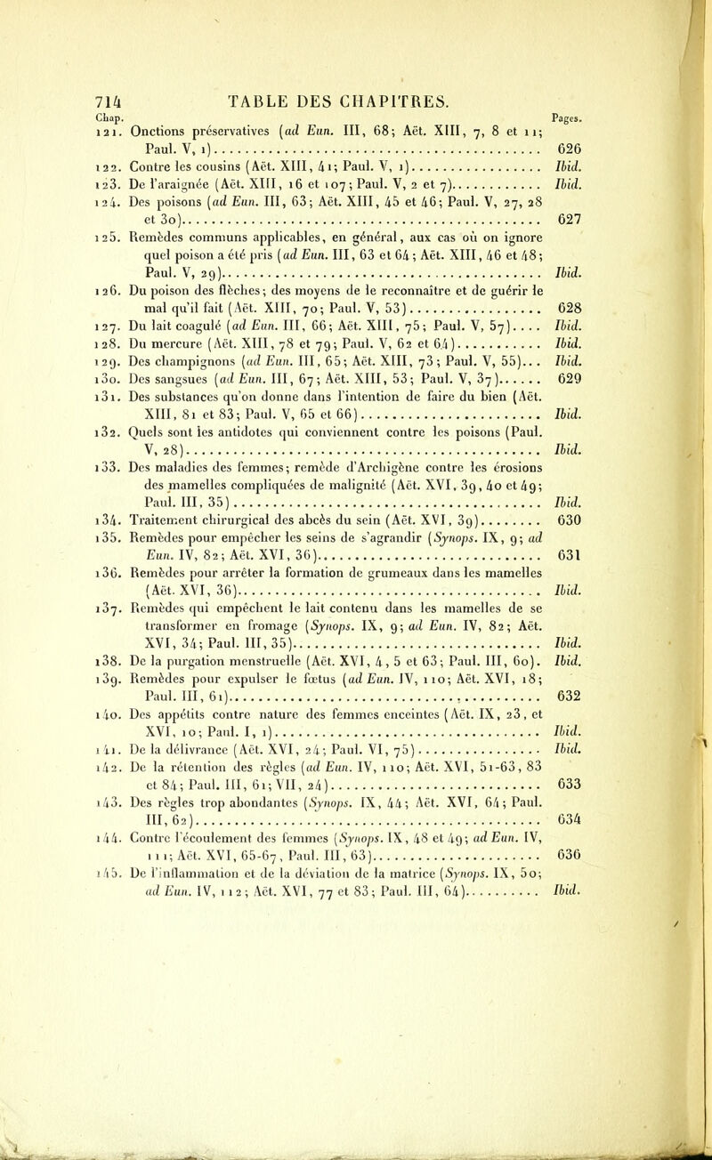 Chnp. Pages. 121. Onctions préservatives (ad Eun. III, 68; Aët. XIII, 7, 8 et 11; Paul. V, 1) 026 122. Contre les cousins (Aët. XIII, 4i; Paul. V, j) Ibid. 128. De l'araignée (Aët. XIII, 16 et 107; Paul. V, 2 et 7) Ibid. 124. Des poisons [ad Eun. III, 63; Aët. XIII, 45 et 46; Paul. V, 27, 28 et 3o) 627 125. Remèdes communs applicables, en général, aux cas où on ignore quel poison a été pris (ad Eun. III, 63 et 64; Aët. XIII, 46 et 48; Paul. V, 29) Ibid. 126. Du poison des flèches; des moyens de le reconnaître et de guérir le mal qu'il fait (Aët. XIII, 70; Paul. V, 53) 628 127. Du lait coagulé (ad Eun. III, 66; Aët. XIII, 76; Paul. V, 67) Ibid. 128. Du mercure (Aët. XIII, 78 et 79; Paul. V, 62 et 6.4) Ibid. 129. Des champignons (ad Eun. III, 65; Aët. XIII, 73; Paul. V, 55).. . Ibid. 130. Des sangsues (ad Eun. III, 67; Aët. XIII, 53; Paul. V, 87) 629 131. Des substances qu'on donne dans l'intention de faire du bien (Aët. XIII, 81 et 83; Paul. V, 65 et 66) Ibid. 182. Quels sont les antidotes qui conviennent contre les poisons (Paul. V, 28) Ibid. 133. Des maladies des femmes; remède d'Archigène contre les érosions des mamelles compliquées de malignité (Aët. XVI, Sg, 4o et 49; Paul. 111,35) Ibid. 134. Traitement chirurgical des abcès du sein (Aët. XVI, 89) 630 135. Remèdes pour empêcher les seins de s'agrandir (Synops. IX, 9; ad Eii/i. IV, 82; Aët. XVI, 36) 631 136. Remèdes pour arrêter la formation de grumeaux dans les mamelles (Aët. XVI, 36) Ibid. 137. Remèdes qui empêchent le lait contenu dans les mamelles de se transformer en fromage (Sjnops. IX, 9; ad Eun. IV, 82; Aët. XVI, 34; Paul. III, 35) Ibid. 138. De la purgation menstruelle (Aët. XVI, 4,5 et 63; Paul. III, 60). Ibid. 139. Remèdes pour expulser le fœtus (ad Eun. IV, 110; Aët. XVI, 18; Paul. 111,61) , 632 140. Des appétits contre nature des femmes enceintes (Aët. IX, 28, et XVI, 10; Paul. I, 1) Ibid. lii. De la délivrance (Aët. XVI, 24; Paul. VI, 75) Ibid. ll^2. De la rétention des règles (ad Eun. IV, 110; Aët. XVI, 5i-63, 83 et 84; Paul. III, 61; VII, 24) 633 143. Des règles trop abondantes (Synops. IX, 44; Aët. XVI, 64; Paul. 111,62) [ 634 144. Contre l écoulement des femmes (Sjnops. IX, 48 et 49; adEun. IV, 111; Aët. XVI, 65-67, P'»!- III, 63) 636 145. De l'inflamnialion et de la déviation de la matrice (Synops. IX, 5o; ad Eun. IV, 112; Aët. XVI, 77 et 83; Paul. III, 64) Ibid.