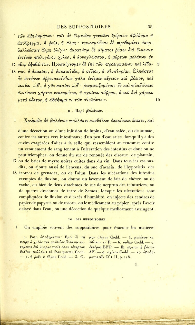 tcov à(peil>riiA!XTCov • tois Ss ë~k{j.ivBas ysvvwai B-épçxwv àfê-tytifict rj dTr6£psy[xa, rj povs, rj éiXfiri ' T£ivscr[xoj$ecri Se -zspoOv[liais v-wsp- ÇaWovcrais alfiri bXi'yrj ■ àxpairiiw Sè a'ifiaros pvcrsi Stà sXxwcjiv èvzépov •zsoXvyovov yyXos, rj àpvoyXcoaaov, 17 [xvpiwv pLsXdvojv èv 17 o'iv(f) ètytjOévTWv. TlpO(T[£i'yvup.£v Sè iril iwv tsposipr)p.évwv xai X/Sk- 5 18 vovj $ àxaxi'av, rj v7toxia1îSa, rj criSiov, rj alviflïiplctv. Wiihiéareai Sè èviépwv âppsvp.aiia1oi? yaka èvi'spiev aïyeiov xa) (36eiov, xai Xvxi'ov 17 yrjs crawlas /C.S' ' psvp>aTtloçxévais Sè xai tsXaSwaais skxooaeai yaptov xexavfiévou, rj ayoivov réÇpav, rj tov Sià yjxpxov (xsTa vSaros, rj à(pé^ri(JLd ti t£v (t1vÇ>qvtwv. 10 x'. Tlepi fiuXâvwv. 1 XpaipLsda Sè fiaXdvois TSoXXâxis axvëdXcov êxxpîcrscos ëvsxev, xa\ d'une décoction ou d'une infusion de lupins, d'eau salée, ou de sumac, contre les autres vers intestinaux ; d'un peu d'eau salée, lorsqu'il y a des envies exagérées d'aller à la selle qui ressemblent au ténesme; contre un écoulement de sang tenant à l'ulcération des intestins et dont on ne peut triompher, on donne du suc de renouée des oiseaux, de plantain, 17 ou de baies de myrte noires cuites dans du vin. Dans tous les cas sus- dits, on ajoute aussi de l'encens, du suc d'acacia, de l'bypocistis, des 18 écorces de grenades, ou de l'alun. Dans les ulcérations des intestins exemptes de fluxion, on donne un lavement de lait de chèvre ou de vache, ou bien de deux drachmes de suc de nerprun des teinturiers, ou de quatre drachmes de terre de Samos; lorsque les ulcérations sont compliquées de fluxion et d'excès d'humidité, on injecte des cendres de papier de papyrus ou de roseau, ou le médicament au papier, après l'avoir délayé dans l'eau, ou une décoction de quelque médicament astringent. 20. DES SUPPOSITOIRES. 1 On emploie souvent des suppositoires pour évacuer les matières 1. Post. a^sifrjfzarai'• Efioi Sè rrj' fxrjv ôXîyrjv Codcl. — k- peï-âvûôv xa -sre/pa ô £uAàs ttïs (ivûtiSos Qotavqs zst- Àiëavov êv F. — 6. aiSiasv Codd. —■ 7. vàfj.svoe stiï rifiépas tpeis oaov xiiapiov èviépov BFP. — Ib. aïyeiov rj [Zàsiov Zéalov taolXâutî to Séov i\vv<jcv Codd. AF. — g. ayjvov Codd. — 10. àQe-^ri- — 2. rj povv rj ôiXnnv Codd.— 3. àiX- fiatoe AB. Cf. t. Il, p. 2 18. 3.