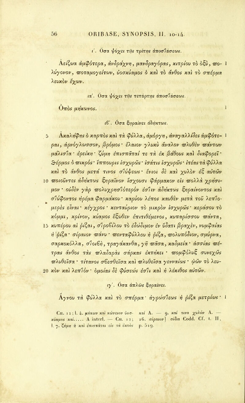 ï. 0(70. Ae/£<wa àp.(pbTspa, àvSpdyyr), [xavSpayépas, xiipiov to b^ii, •cro- 1 Xvyovov, Tsoiayioyztiwv, voax.va.y.os b xcà to âvdos xcà to o-népfxa \evxbv 'éywv. ta'. 0<ra ipv^ei Tf)s TSTâprrjs â-Koa1àasws. Ùirbs (Jiti'xtovos. 1 «§'. Ocra ^rjpa.îvst àhtîxTWs. 5 AxaXrjtprjs ô xapubs xcà Ta (pvXka, àybpyy], àvayaXkîSes àfx^oTe- 1 put, àpvôylcocrerov, (3p6(xos ■ ëXatov yXvxv dvdkov zfkvQhv tzcLvïwv \id\tcf\a • êpstxn ' Ç,vp.ri è-miandtai ts toc ex j2d9ovs xcà Stafyopeï ' B-épp.0? OTSixpôç' i7T7zovpi5 iayypws' ïaâns icryypws' héasTatyvXku xcà to âvdos (jlstcc tivos alv^zws • è'vioi Sè xcà yyXbv s£ avtwv 10 /aotovvres âSrfxTCos Ztfpaïvov ïo-yovai (pctpyaxov sis tuolXà yjpticri- fiov ' ovSèv yàp <ss6hjyjpr)ar\'ÔTepév èo~1iv àSrfxTCos ^rjpai'vovTos xcà a1v(povTOs tîpéfJLU @cipp.âxov ■ xapvov \énos xavBèv fiera tov \s7t1o- (xspès sîvai ' xéy%pos * xzvtuvpiov to ytxpbv iayypôos * xspdcrov to x6[Xfj.i, xpt'vov, xvayos si^coBev èiîïiiBé\t£vos, xvnapiuaov Tsdvia, 15 xvirépov ai pt%at, o~1po&i\ov to êSco$tp.ov êv vSart jSpa^ir, vvpL(paias ij'pî^a' ert'patov tsctw ' /csevTa(pvX'kov rj pt£a, zso\vit6Stov, crp.vpva, aapxoxbXka, crloiëtj, ipctyd.xa.vBet, ytj ■zsdera, xaSfxeta' àaat'as usé- ipas dvBos Tas 'urXaSapàs crdpxas ëxTrfxet ' TSO\i.tyokv£, crvvzy&s 'ZsXvôeïcra ' tlxavos erëecrBeïcra xa) ts'XvBs.'ïcTa yevvatcos ' wûv to Isv- 20 xbv xa) \sir16v ' bp.otas Se (pvosœs écrit xat n XéxiBos avicov. iy'. Oaa âicXws t-rjpaîvet. Ayvov Ta (pvXka xa) to aitépita  âypwcrlsws y p/£a \izipiws ' I Ch. i 1 ; 1. à. ftyicaiv «ai Htîiveiov ioa- xuapos xat A interl. — Ch. i 2 ; I. 7. £r?fxr? r? «ai ewiCTTraTai eh Ta êmès Hat A. — g. «a/ itva yy\6v A. — 16. c/pa/oi»] aiSia. Codd. Cf. t, II, p. 519.