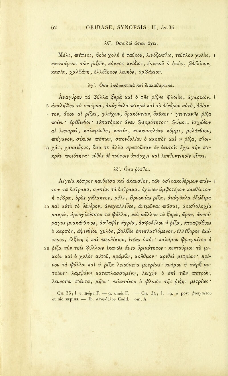 XS'. Ô<ra §ià &tù)v àyei. MéXi, tsénspif /Soos %oXri rj Tavpov, Xiv6Z,wcrlis, zeviXou yvXbs, 1 xainzdpews i5>v piljiôv, xoxxos xvi'Sios, êpiveov b b-nbs > fiSéXXtov, xacrîa, ^aXëdvrj, éXXéëopo? Xevxbs, bptÇdxiov. Xy'. Ocra. èx(ppaxTixà xai otaxadap^ixà. Avayvpov t<x (pvXXa %tjpà xai b tîjs pî&s ÇXotbs, dyaptxbv, 1 5 dxaXrj'(pij? to eniép(xa, dçivySaXa TSixpà xai to SévSpov avrb, dSi'av- tov, dpov al pi^at, yXrj^wv, Spaxévrtov, Savxos ' ysvTiavtjs pi%oc tsclvv êpsëivdof evnarépio? aveu B-spy.6irnos ' 3-vfxos, ïaydSwv al Xmapa), x<xka\xivBr\, xacri'a, xoxxvfxrjléas xbfxfxi, fxsXdvBiov, isrfyavov, cri'xvos isè'ntov, o-jtovSvXÎov b xapnos xa\ rj p/£a, aloi- 10 yds, ^afxaiSpus, 'ocra ts dXXa xpazoutrav êv éavTOÏs eyei Ttjv isi- xpàv TSoioi^ia ' zvQvs Sè roûrois ùitdpysi xai Xsh1vvtixo7s slvat. Xh'. Ocra pviclsi. kiyzia xonpos xavOeïcra xai dxaucrlos, iSsv balpaxoSspixwv •nraV 1 ■zwv rà oalpaxa, at]7îi'as rà ocrlpaxa, èyjvwv dfx(pOTépo)v xavÔévrcov t) jé(ppa, bpbs ydXaxros, [xéXi, fipvwvias p7£a, dpivySaXa êSsoSipia 15 xai aiiib to SsvSpov, dvayaXXt'Sss, dvs[iôjvai tiïàaai, dpiG\oXoyj.a fiaxpà, dpvoyXwo~aov Ta (pvXXa, xai [JidXXov Ta %rjpd, dpov, dcnrd- payos (xvaxdvOtvos, da1a(p)s dypta, dafyoSéXov rj p/£a, dtpa(pd^,vo? b xapizbs, d^/ivBiou y(vXbs, fioXëbs è-îinzXa-ïloptsvos,>éXXé€opo$ éxd- Tspos, éX^i'vn} n xai isepSixtov, héas b-nos xaXdfiov (ppayfxhov v 20 p/£a avv toÎs (pvXXots Ixavûs dvsv SpifxvTinos ' xsviavpiov to (xi- xpbv xai b %yXbs aCroù, xpdy£n, xprjÔfxov j xpiBal fierptas ' xpt- vov Ta (pvXXa xai ri pî^a Xsio\t[J.eva (xerptcos ■ xvdfiov r) o~dp% jms- ipiws * Xa^dvn) xaiaitXa(jo~o\i.évy), Xetyrjv b ênl icov 'zsstpwv, Xeuxo'ïov 'nsdvra, fxfjov • 'aXaravou b (pXoibs tvs pi^ns (ASTpi'tvs ' Ch. 33 ; 1. 7. Q-vfia F. — 9. omis F, — Ch. 34; 19. V post (ppayphov et sic saepius. — lli. enovSvùov Codd. om. A.