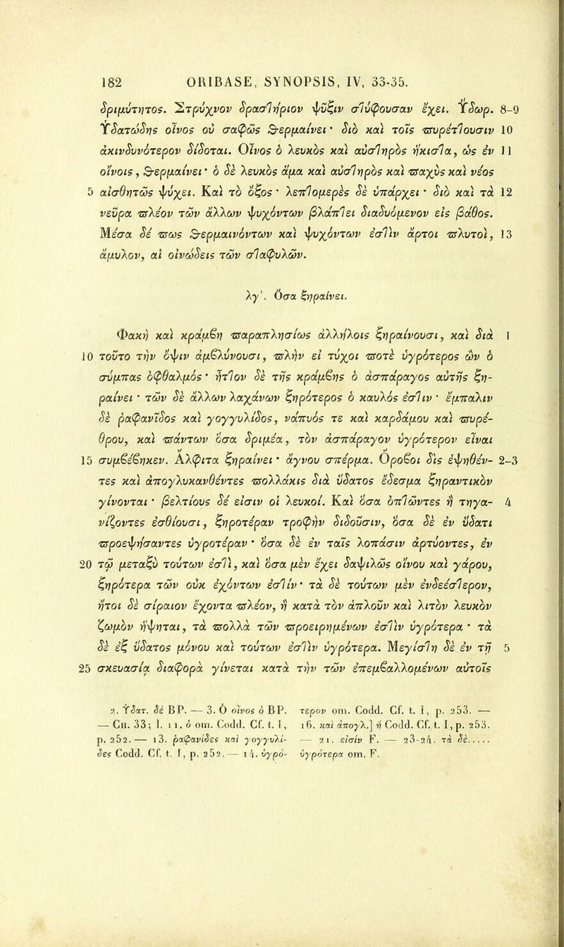 Spip.virnos. ^Tpv^vov Spaalrjpiov -fyv%iv cr1v(povcrav £%et. TSeop. 8-9 lSaTcoSrjs oïvos où craÇcos 3-epp.ai'vei ' Stb xa) tois vsvpètlovaiv 10 àxivSvvbiepov SiSorai. Oïvos b Xevxbs xa) aùcrinpbs rjxic/la, ws èv 11 oïvots, 3-spp.atvei ' ô Sè Xevxbs dp.a xoà aùalrjpbs xa) TXayys xa) véos 5 aicrdrnws ^v^si. Ka) to bc\os ' Xeitloptepès Se vndp%ei • Sib xcà toc 12 vevpa zrXéov iwv âXXcov ■i/vypvtwv ftkdnlsi StaSv6p.evov eis fidôos. Mécra Si zsccs B-epp-aivovrcov xa) -^vybvTWv ècrViv âproi ■zsXvto), 13 dpivXov, aï oivciSeis twv cr1a(pvX<2v. Xy'. (Sera fypafast. <$>axr) xcà xpdtxêr) tsapa7iXr]cricos dXXrjXots Çripaïvovcrt, xa) Sià 1 iO iovio Ttjv âpêXvvovcri, zsXrjv et lùypi isoiè Cyporepos &v ô cnjymas bÇ>6aXp.6s ' r)ilov Sè Trjs xpdp&rjs b do-ndpayos aÙTrjs palvei • iôûv Sè aXXcov Xajâvwv ^riporepos b xavXos ècrliv ■ 'épuraXiv Sè patyavïSos xa) yoyyvXiSos, vduvos ie xa) xapSdfxov xa) 'srvpé- ov, xa) tsavrcov ocra Sptyiéa, tov àcntdpayov vyporepov eïvai 15 crvpêé&rixev. AX(pna ^rjpaivei • âyvov critépp.a. Ôpoëoi Sis ê^rjOiv- 2-3 Tes xa) àitoyXvxav6év7Ss zroXXdxts Sià vSaios eSecrp.a ^rjpavrixbv ylvovrat • fisXTi'ovs Se eiaiv oi XeuxoL Ka) ocra biflwvtes rj Ttjya- 4 vL\ovies ècrBîovcri, ^rjpojépav rpo(pr)v StSovcriv, 6o~a Sè èv vSari ispoe-^riaavies ùypoièpav ' ocra Sè èv tais Xoirdcriv àpivovies, èv 20 ico jM£Ta£ù loùtcov êcrl), xa) ocra fxèv ëyei Sa^iXas oïvov xa) ydpov, biepa iwv oùx èyovjav ècrliv • Ta Sè tovrcov [xèv èvSeécrl epov, tÎtoi Sè cripaiov eypvta tsXéov, rj xaià tov àirXovv xa) Xnbv Xevxbv Çcofxbv rj-fyriTai, ta zsoXXd t&v zspoeipr\p.évwv ècrViv ùypotepa ' Tût Sè ê% vSaTOS fxovov xa) tovtcov ècrVtv vypoTSpa. Meyi'crlri Sè èv Ttj 5 25 axevacri'a Sta(popà yivetai xarzd rr)v tôjv èiï£p.ëaXXop.évo)v aùioh •>.. Y<5aT. Sé BP. — 3. Ô oïvos ô BP. iepov om. Codd. Cf. t. I, p. a53. — — Ch. 33; 1. i i. ô om. Codd. Cf. t. I, i 6. «ai coroyA.] rf Codd. Cf. t. I, p. 253. p. 2Ô2.— i3. paipaviSes «ai yoyyvXî- - 21. eiaiv F. — 23-24. Ta Sè êes Codd. Cf. t. f, p. 262.— i4. vypà- vypoTepa om. F.