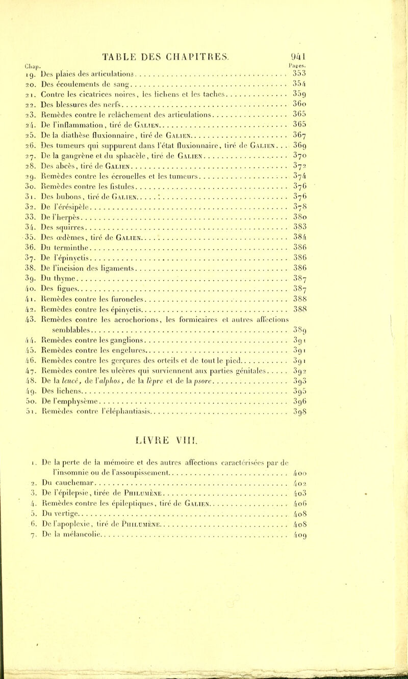 Cliap. l'accs. 19. Des plaies des articulations 353 20. Des écoulements de sang 354 ai. Contre les cicatrices noires, les licliens et les taches 35p, 22. Des blessures des nerfs , 36o 23. Remèdes contre le relâchement des articulations 3(55 2/1. De l'inflammation, tiré de Galten 365 a5. De la diathèse fluxionnaire, tiré de Galien 367 26. Des tumeurs qui suppurent dans l'état fluxionnaire, tiré de Galten. . . 36o, 27. De la gangrené et du sphacèle, tiré de Galien 370 28. Des abcès, tiré de Galien 372 29. Remèdes contre les écrouelles et les tumeurs 37/1 30. Remèdes contre les fistules 376 31. Des bubons, tiré de Galien '. 376 32. De l'érésipèle 378 33. De l'herpès 38o 34. Des squirres 383 35. Des œdèmes, tiré de Galien 384 36. Du terminthe 386 37. De l'épinyctis 386 38. De l'incision des ligaments 386 3g. Du thyme 387 4o. Des figues 387 Remèdes contre les furoncles 388 I12. Remèdes contre les épinyctis 388 43. Remèdes contre les acrochorions, les formicaires et. autres affections semblables 38g 4 4. Remèdes contre les ganglions 391 45. Remèdes contre les engelures 391 46. Remèdes contre les gerçures des orteils et de tout le pied 3g 1 ki- Remèdes contre les ulcères qui surviennent aux parties génitales 392 48. De la leucc, de Yalphos, de la Icprc et de la psore 3q3 49. Des lichens 3g5 50. De l'emphysème 396 51. Remèdes contre l'éléphantiasis 3g8 LIVRE VIII. 1. De la perte de la mémoire et des autres affections caractérisées partie l'insomnie, ou de l'assoupissement 400 2. Du cauchemar 4 02 3. De l'épilepsie, tirée de PhilumÈne 4o3 4. Remèdes contre les épileptiques, tiré de Galien 4o6 5. Du vertige 4o8 6. De l'apoplexie, tiré de Phijltjmène 4oS 7. De la mélancolie 4 09