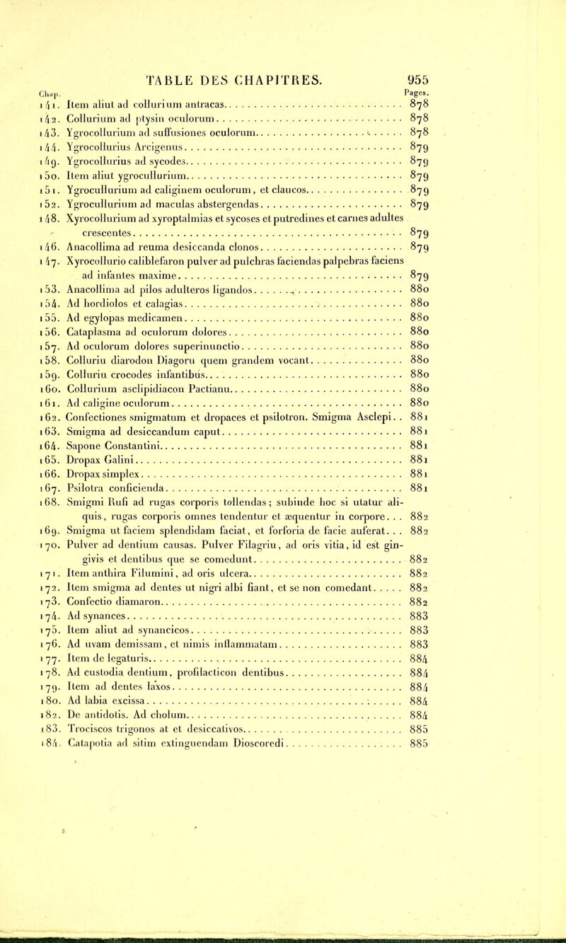 Chap. Pages. 141. Item aliut ad collurium antracas 878 j 42. Collurium ad plysin oculorum 878 143. Ygrocollurium ad suffusiones oculorum ». 878 144. Ygrocoliurius Arcigenus 879 i4g. Ygrocoliurius ad sycodes 879 150. Item aliut ygrocullurium 879 151. Ygrocullurium ad caliginem oculorum, et claucos 879 152. Ygrocullurium ad maculas abstergendas 879 148. Xyrocollurium ad xyroptalmias et sycoses et putredines et carnes adultes crescentes • • 879 146. Anacollima ad reuma desiccanda clonos 879 147. Xyrocollurio caliblelaronpulveradpulchras faciendaspalpebras faciens ad infantes maxime 879 1 53. Anacollima ad pilos adultéras ligandos 880 154. Ad hordiolos et calagias 880 155. Ad egylopas medicamen 880 156. Cataplasma ad oculorum dolores 880 157. Ad oculorum dolores superinunctio 880 1 58. Colluriu diarodon Diagoru quem grandem vocant 880 i5g. Colluriu crocodes iniantibus.. 880 160. Collurium asclipidiacon Pactianu 880 161. Ad caligine oculorum 880 J62. Confectiones smigmatum et dropaces et psilotron. Smigma Asclepi. . 881 163. Smigma ad desiccandum caput 881 164. Sapone Constantin! 881 165. Dropax Galini 881 166. Dropax simplex 881 167. Psilotra conficienda 881 168. Smigmi Rufi ad rugas corporis tollendas ; subiude boc si ulatur ali- quis, rugas corporis omnes tendentur et ajquentur in corpore. . . 882 169. Smigma ut faciem splendidam faciat, et forforia de i'acie auferat. . . 882 170. Pulver ad dentium causas. Pulver Filagriu, ad oris vitia, id est gin- givis et dentibus que se comedunt 882 171. Item antbira Filumini, ad oris ulcéra 882 172. Item smigma ad dentés ut nigri albi fiant, et se non comedant 882 173. Confectio diamaron 882 174. Ad synances 883 175. Item aliut ad synancicos 883 176. Ad uvam demissam , et nimis infiammatam 883 177. Item de legaturis 884 178. Ad custodia dentium, prolilacticon dentibus 884 179. Item ad dentés laxos 884 180. Ad labia excissa : 884 182. De antidotis. Ad cholum.. 884 183. ïrociscos trigonos at et desiccativos 885 18/1. Catapotia ad sitim extinguendam Dioscoredi 885 !