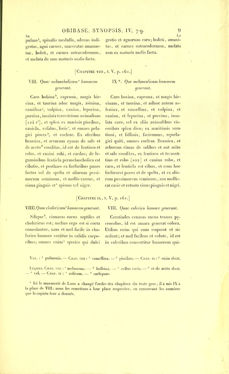 A a La pulmo1, spinalis medulla, aderras indi- gestio cl agnormn caro; buleti, amani- gestas, agni carnes, maceratae amanae- tas, et carnes ostracodermon, melata tae, boleti, et carnes ostracodermon, non ex maturis melis facta, et melata de non maturis malis facta. [Chapitre viii, t. V, p. 1G1.] VIII. Quae melancholicum° humorem générant. Caro bobina11, capruna, magis bir- cina, et taurina aduc magis, asinina, camilina1, vulpina, canina, leporina, porcina, insaiata terrestrium animalium [12/1 v°], et splen ex marinis piscibus, canicla, cefalus, focisc, et omnes pela- gici pisces °, et cocleae. Ex oleribus brassica, et ai'vorum cymas de sale et de acetod conditas, id est de lentisco et robo. et canini robi, et cardos; de le- guminibus lenticla permelancbolica est cibatio, et postbaec ex furfuribus panes factus vel de spelta et aliorum pessi- morum seminum, et mollis caseus, et vinus pinguis etc spissus vel niger. [Chapitre ix VIIII.Quae cholerizum'' humorem générant. SiliqueL, cinnaras sucus suptiles et cholericus est; melius ergo est si cocta comedantur, nam et me! facile in cbo- lerico bumore vertitur in calidis corpo- ribus; omnes enim1 species qui dulci IX *. Que mclancolicuni humorem générant. Caro bovina, capruna, et magis hir- cinam , et taurina, et adbuc autem as- lenina, et camellina, et vulpina, et canina, et leporina, et porcina, insa- iata caro, vel ex aliis animalibus vis- ceribus splen dico; ex maritimis vero tinni, et fallinis, facicornus, equela- gici quiti, omnes cocleas. Brassica, et arborum cimas de salibus et aut acito et sale conditas, ex lentisco et tennert- tino et robo [102] et canino robo, et caro, et lenticla est cibus, et cum boc forforacei panes et de spelta, et ex alio- rum pessimorum seminum , seu mollis- cat casic et vetuslo vinus pinguis et nigri. t. V, p. 161.] VIII. Quac colerico humore générant. Ceratiades cenaras sucus tenues py- crocolus, id est amara générât colera. Ulilius enim qui eum coquenl et sic aedent; et mel facilem et colute, id est in coleribus convertitur bumorem qui- Var. : 1 pulmonis. — Chap. viii : 1 camellina. — 2 piscibus. •—- Ciiap. ix : 1 enim deesl. Leçons. Ciiap. viii : a melancum. — 1 bolbina. — c ct'flus vocis. — d et de acelo deesl. — ‘ vel. — Chap. ix : * colicum. — b saeliquae. * Ici le manuscrit de Laon a changé l’ordre des chapitres du texte grec, il a mis IX à la place de VIII; nous les remettons à leur place respective, en conservant les numéros que le copiste leur a donnés.