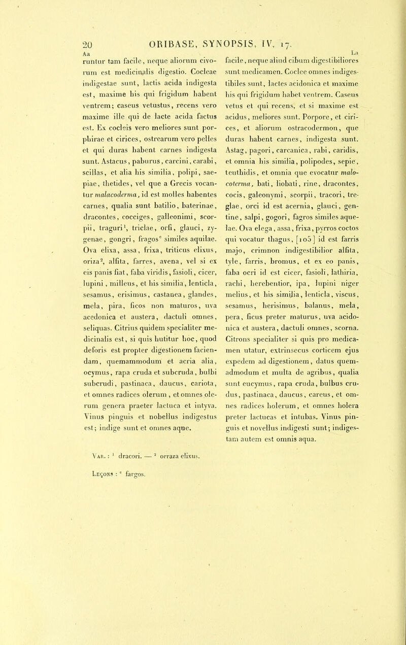 Aa runtur tam facile, neque aliorum civo- rum est medicinalis fligestio. Cocleae indisestae sunt, lactis acida indigesta est, maxime liis qui frigidum habent ventrem; caseus vetustus, recens vero maxime ille qui de lacté acida factus est. Ex cocleis vero meliores sunt por- pbirae et cirices, ostrearum vero pelles et qui duras habent carnes indigesta sunt. Astacus, paburus, carcini, carabi, scillas, et alia bis similia, polipi, sae- piae, tlietides, vel que a Grecis vocan- tur malacoderma, id est molles habentes carnes, qualia sunt batilio, baterinae, dracontes, cocciges, galleonimi, scor- pii, traguri1, triclae, orfi, glauci, zy- genae, gongri, fragosc similes aquilae. Ova elixa, assa, frixa, triticus elixus, oriza2, alfita, farres, avena, vel si ex eis panis fiat, faba viridis, fasioli, cicer, lupini, milleus, et bis similia, lenticla, sesamus, erisimus, castanea, glandes, mêla, pira, ficos non maturos, uva acedonica et austera, dactuli omnes, seliquas. Citrius quidem specialiter me- dicinalis est, si quis hutitur hoc, quod deforis est propter digestionem facien- dam, quemammodum et acria alia, ocymus, rapa cruda et subcruda, bulbi subcrudi, pastinaca, daucus, cariota, et omnes radices olerum , et omnes ole- rum généra praeter lacluca et intyva. Vinus pinguis et nobellus indigestus est; indige sunt et omnes aque. Var. : 1 dracori. — 2 orraza elixus. La facile, neque aliud cibum digestibiliores sunt medicamen. Coclee omnes indiges- tibiles sunt, lactés acidonica et maxime bis qui frigidum habet ventrem. Caseus vêtus et qui recens, et si maxime est acidus, meliores sunt. Porpore, et ciri- ces, et aliorum ostracodermon, que duras habent carnes, indigesta sunt. Astag, pagori, carcanica, rabi, caridis, et omnia bis similia, polipodes, sepie, teutbidis, et omnia que evocatur malo- coterma, bâti, liobati, rine, dracontes, cocis, galeonymi, scorpii, tracori, tre- glae, orci id est acernia, glauci, gen- tine, salpi, gogori, fagros similes aque- lae. Ova elega, assa, frixa, pyrros coctos qui vocatur thagus, [îoo] id est farris majo, crimnon indigestibilior alfita, tyle, farris, bromus, et ex eo panis, faba ocri id est cicer, fasioli, lathiria, rachi, berebentior, ipa, lupini niger melius, et bis simijia, lenticla, viscus, sesamus, berisimus, balanus, mêla, pera, ficus prêter maturus, uva acido- nica et austera, dactuli omnes, scorna. Citrons specialiter si quis pro medica- men utatur, extrinsecus corticem ejus expedem ad digestionem, datus quem- admodum et multa de agribus, qualia sunt eucymus, rapa cruda, bulbus cru- dus, pastinaca, daucus, eareus, et om- nes radices bolerum, et omnes bolera prêter lactucas et intubas. Vinus pin- guis et novellus indigesti sunt; indiges- tam autem est omnis aqua.