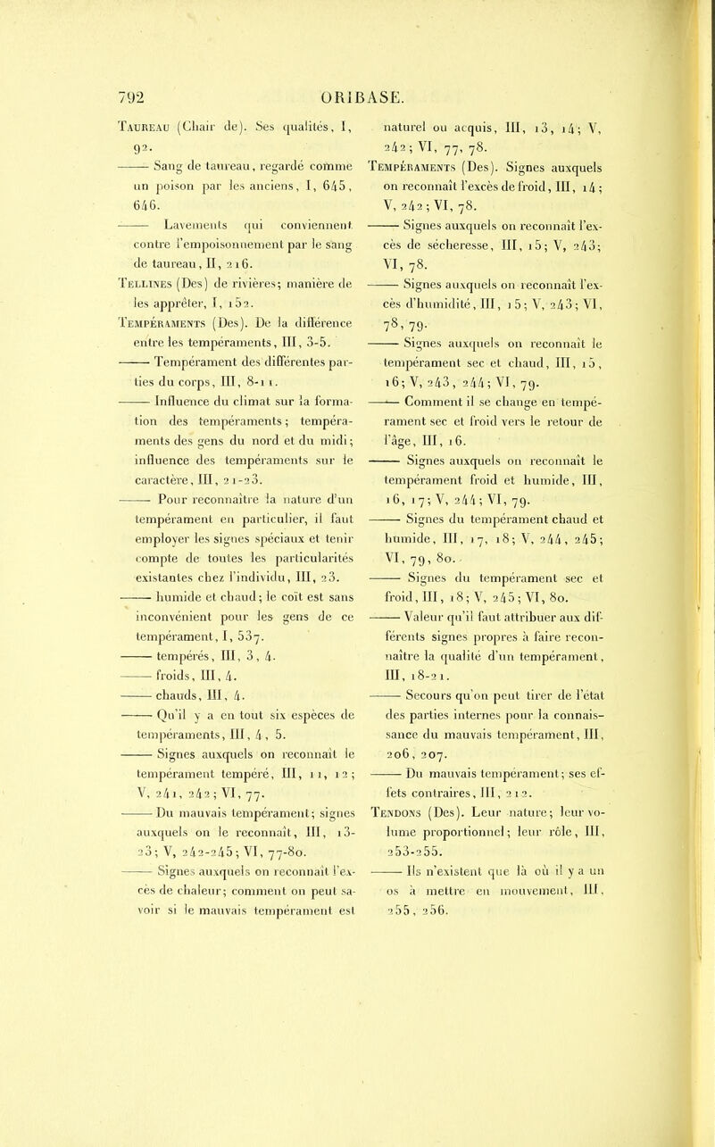 Taureau (Chair Je). Ses qualités, I, 92- Sang de taureau, regardé comme un poison par les anciens, I, 645, 646. Lavements qui conviennent. contre l’empoisonnement par le sang de taureau, II, 216. Teli.ines (Des) de rivières; manière de les apprêter, I, 162. Tempéraments (Des). De la différence entre les tempéraments, III, 3-5. Tempérament des différentes par- ties du corps, III, 8-11. Influence du climat sur la forma- tion des tempéraments ; tempéra- ments des gens du nord et du midi; influence des tempéraments sur le caractère, III, 21-28. Pour reconnaître la nature d'un tempérament en particulier, il faut employer les signes spéciaux et tenir compte de toutes les particularités existantes chez l’individu, III, 23. humide et chaud ; le coït est sans inconvénient pour les gens de ce tempérament, I, 537. tempérés, III, 3, 4- froids, III, 4. chauds, III, 4 • Qu’il y a en tout six espèces de tempéraments, III, 4, 5. Signes auxquels on reconnaît le tempérament tempéré, III, 11, 12; V, 241, 242 ; VI, 77. Du mauvais tempérament; signes auxquels on le reconnaît, III, 13- 33 ; V, 2 42-2 45 ; VI, 77-80. Signes auxquels on reconnaît l’ex- cès de chaleur; comment on peut sa- voir si le mauvais tempérament est naturel ou acquis, III, i3, i4; V, 24.2 ; VI, 77, 78. Tempéraments (Des). Signes auxquels on reconnaît l’excès de froid, III, 14 ; V, 242; VI, 78. Signes auxquels on reconnaît l’ex- cès de sécheresse, III, i5; V, 243; VI, 78. Signes auxquels on reconnaît l’ex- cès d’humidité, III, ) 5 ; V, 243 ; VI, 78-79- Signes auxquels on reconnaît le tempérament sec et chaud, III, i5, 16; V, 243, 244; VI,79. —-— Comment il se change en tempé- rament sec et froid vers le retour de l’âge, III, 16. Signes auxquels on reconnaît le tempérament froid et humide, III, j 6, 1 7 ; V, 244 ; VI, 79. Signes du tempérament chaud et humide, III, 17, 18; V, 244, 245; VI, 79, 80. — Signes du tempérament sec et froid, III, 18; V, 245; VI, 80. Valeur qu’il faut attribuer aux dif- férents signes propres à faire recon- naître la qualité d’un tempérament, III, l8-21. Secours qu’on peut tirer de l’état des parties internes pour la connais- sance du mauvais tempérament, III, 206, 207. Du mauvais tempérament; ses ef- fets contraires, III, 212. Tendons (Des). Leur nature; leur vo- lume proportionnel; leur rôle, III, 253-255. Ils n’existent que là où il y a un os à mettre en mouvement, III. 255, a56.