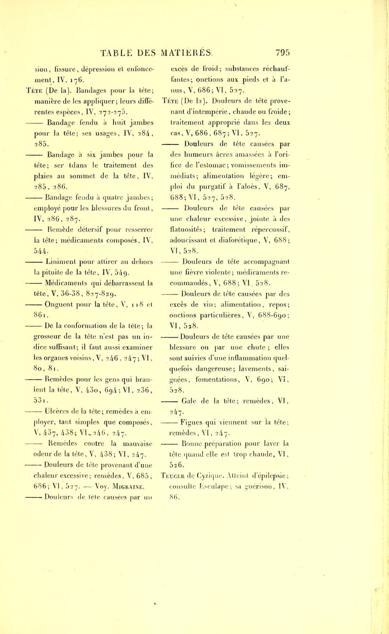 siou, fissure, dépression et enfonce- ment, IV, 1 76. Tête (De la). Bandages pour la tète; manière de les appliquer; leurs diffé- rentes espèces, IV, 272-275. Bandage fendu à huit jambes pour la tête; ses usages, IV, 284, 285. Bandage à six jambes pour la tête; ser tdans le traitement des plaies au sommet de la tête, IV, 285, 286. Bandage fendu à quatre jambes; employé pour les blessures du front, IV, 286, 287. 1 Remède détersif pour resserrer la tête; médicaments composés, IV, 544- Liniment pour attirer au dehors la pituite de la tête, IV, 549. Médicaments qui débarrassent la tête, V, 36-38, 827-829. Onguent pour la tête, V, 118 et 861. De la conformation de la tête; la grosseur de la tête n’est pas un in- dice suffisant; il faut aussi examiner les organes voisins, V, 246, 247; VI, 80, 81. Remèdes pour les gens qui bran- lent la tête, V, 43o, 6g4 ; VI, 236, 531. Ulcères de la tète; remèdes à em- ployer, tant simples que composés, V, 487, 438; VI„246, 247. Remèdes contre la mauvaise odeur de la tête, V, 438; VI, 247. Douleurs de tête provenant d’une chaleur excessive; remèdes, V, 685, 686; VI, 527. — Voy. Migraine. Douleurs de tète causées par un excès de froid; substances réchauf- fantes; onctions aux pieds et à l’a- nus, V, 686; VI, 527. Tète (De la). Douleurs de tête prove- nant d’intempérie, chaude ou froide; traitement approprié dans les deux cas, V, 686, 687; VI, 527. Douleurs de tête causées par des humeurs âcres amassées à l’ori- fice de l’estomac ; vomissements im- médiats; alimentation légère; em- ploi du purgatif à l’aloès, V, 687, 688; VI, 527, 628. Douleurs de tète causées par une chaleur excessive, jointe à des flatuosités; traitement répercussif, adoucissant et diaf'orétique, V, 688; VI, 528. Douleurs de tête accompagnant une fièvre violente; médicaments re- commandés, V, 688; VI. 528. Douleurs de tête causées par des excès de vin; alimentation, repos; onctions particulières, V, 688-690; VI, 628. Douleurs de tête causées par une blessure ou par une chute ; elles sont suivies d’une inflammation quel- quefois dangereuse; lavements, sai- gnées, fomentations, V, 690; VI, 528. Gale de la tête; remèdes, VI, 247. Figues qui viennent sur la tête; remèdes, VI, 247- Bonne préparation pour laver la tête quand elle est trop chaude, VI, 526. Teücer de Gyzique. Atteint d’épilepsie; consulte Usculape; sa guérison, I\ , 86.