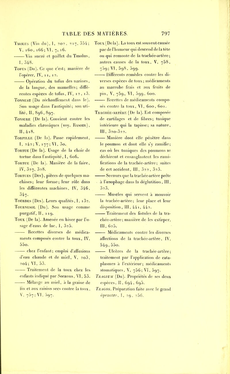 TmOLUS (Vin du), I, 202, 217, 354; V, i Go, i G6 ; VI ,7,16. Vin sucré et paillet du Tmolus, I, 348. Tofus (Du). Ce que c’est; manière de l’opérer, IV, 11, 12. Opération du tofus des narines, de la lansue, des mamelles; diffé- O 7 rentes espèces de tofus, IV, 12, i3. Tonneau (Du réchauffement dans le). Son usage dans l’antiquité; son uti- lité, II, 89G, 897. Tonsure (De la). Convient contre les maladies chroniques (voy. Rasoir), II, 4i8. Torpille (De la). Passe rapidement, l, 242 ; V, 177 ; VI, 3o. Tortue (De la). Usage de la chair de tortue dans l’antiquité, I, 606. Tortue (De la). Manière de la faire, IV, 327, 3a8. Tortues (Des), pièces de quelques ma- chines; leur forme; leur rôle dans les différentes machines, IV, 346, 347. Tocrdes (Des). Leurs qualités, I, i32. Tournesol (Du). Son usage comme purgatif, II, 119. Toux (De la). Amenée en hiver par l’u- sage d’eaux de lac, I, 3a5. Recettes diverses de médica- ments composés contre la toux, IV, 55o. chez l’enfant; emploi d’affusions d’eau chaude et de miel, V, 2o3, 204; VI, 53. Traitement de la toux chez les enfants indiqué par Soranus, VI, 53. Mélange au miel, à la graine de lin et aux raisins secs contre la toux, V, 757 ; VI, 697. Toux (Delà). La toux est souvent causée par de l’humeur qui descend de la tête ou qui remonte de la trachée-artère; autres causes de la toux, V, 758, 789; VI, 598, 599. Différents remèdes contre les di- verses espèces de toux; médicaments au marrube frais et aux fruits de pin, V, 759, VI, 599, 600. Recettes île médicaments compo- sés contre la toux, VI, 600 ,601. Traciiée-artÈre (De la). Est composée de. cartilages et de fibres; tunique intérieure qui la ta]>isse; sa nature, III, 320-32 2. Manière dont elle pénètre dans le jvoumon et dont elle s’y ramifie; cas où les tuniques des poumons se déchirent et ensanglantent les rami- fications de la trachée-artère; suites de cet accident, 111, 822, 3a3. Secours que la trachée-artère prête à l’œsophage dans la déglutition, III, 3a3. Muscles qui servent à mouvoir la trachée-artère; leur place et leur disposition, III, 441, 442. Traitement des fistules de la tra- chée-artère; manière de les extirper, III, 628. Médicaments contre les diverses allections de la trachée-artère, IV, 549,55o. Ulcères de la trachée-artère ; traitement par l’application de cata- plasmes à i’extérieur; médicaments stomatiques, V, 756; VI, 597. Tragivm (Du). Propriétés de ses deux espèces, II, 694, 6g5. Tp.agos. Préparation faite avec le grand épeautre, I, 29, a56.