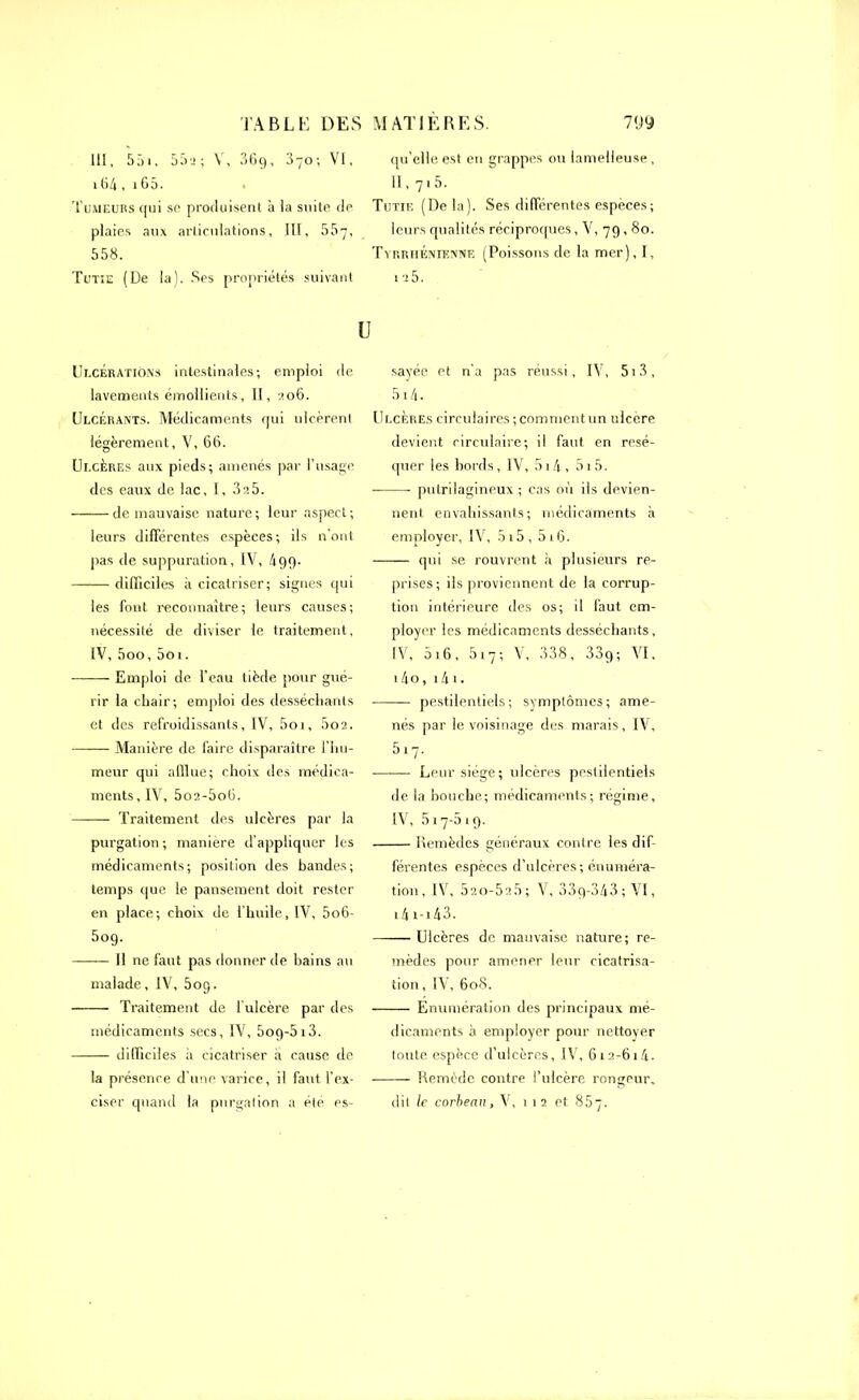 111, 5âi, 55a; V, 36g, 3yo; VI, 164, 165. Tumeurs qui se produisent à la suite de plaies aux articulations, lit, 557, 558. Tutie (De la). Ses propriétés suivant qu’elle est en grappes ou lamelleuse, Il, 715. Tutie (De la). Ses différentes espèces; leurs qualités réciproques, V, 79,80. TyrriiÉnienne (Poissons de la mer), I, 12 5. U Ulcérations intestinales; emploi de lavements émollients, II, 206. Ulcérants. Médicaments qui ulcèrent légèrement, V, 66. Ulcères aux pieds; amenés par l’usage des eaux de lac, I, 325. de mauvaise nature; leur aspect; leurs différentes espèces; ils n’ont pas de suppuration, IV, 499- difficiles à cicatriser; signes qui les font reconnaître; leurs causes; nécessité de diviser le traitement, IV,5oo,5oi. Emploi de l’eau tiède pour gué- rir la chair; emploi des desséchants et des refroidissants, IV, 5oi, 5o2. Manière de faire disparaître l’hu- meur qui afflue; choix des médica- ments, IV, 5o2-5o6. Traitement des ulcères par la purgation ; maniéré d’appliquer les médicaments; position des bandes; temps que le pansement doit rester en place; choix de l'huile, IV, 5o6- 5og. H ne faut pas donner de bains au malade, IV, 509. Traitement de l'ulcère par des médicaments secs, IV, 5og-5i3. difficiles à cicatriser a cause de la présence d’une varice, il faut l’ex- ciser quand la purgation a été es- sayée et n'a pas réussi, IV, 513 , 514 • Ulcères circulaires; comment un ulcère devient circulaire; il faut en résé- quer les bords, IV, 514 , 5i 5. putrilagineux ; cas où ils devien- nent envahissants; médicaments à employer, IV, 5i5, 516. qui se rouvrent à plusieurs re- prises; ils proviennent de la corrup- tion intérieure des os; il faut em- ployer les médicaments desséchants, IV, 516 , 517; V, 338, 339; VI. 14o, x 4 « - pestilentiels; symptômes; ame- nés par le voisinage des marais, IV, 5.7. Leur siège; ulcères pestilentiels de la bouche; médicaments; régime, IV, 517-519. Remèdes généraux contre les dif- férentes espèces d’ulcères; énuméra- tion, IV, 520-52.5; V, 33q-343 ; VI, 14 1-143. Ulcères de mauvaise nature; re- mèdes pour amener leur cicatrisa- tion, IV, 608. Enumération des principaux mé- dicaments à employer pour nettoyer toute espèce d’ulcères, IV, 612-614- Remède contre l’ulcère rongeur. dit le corhenn, V, 1 1 2 et 85y.