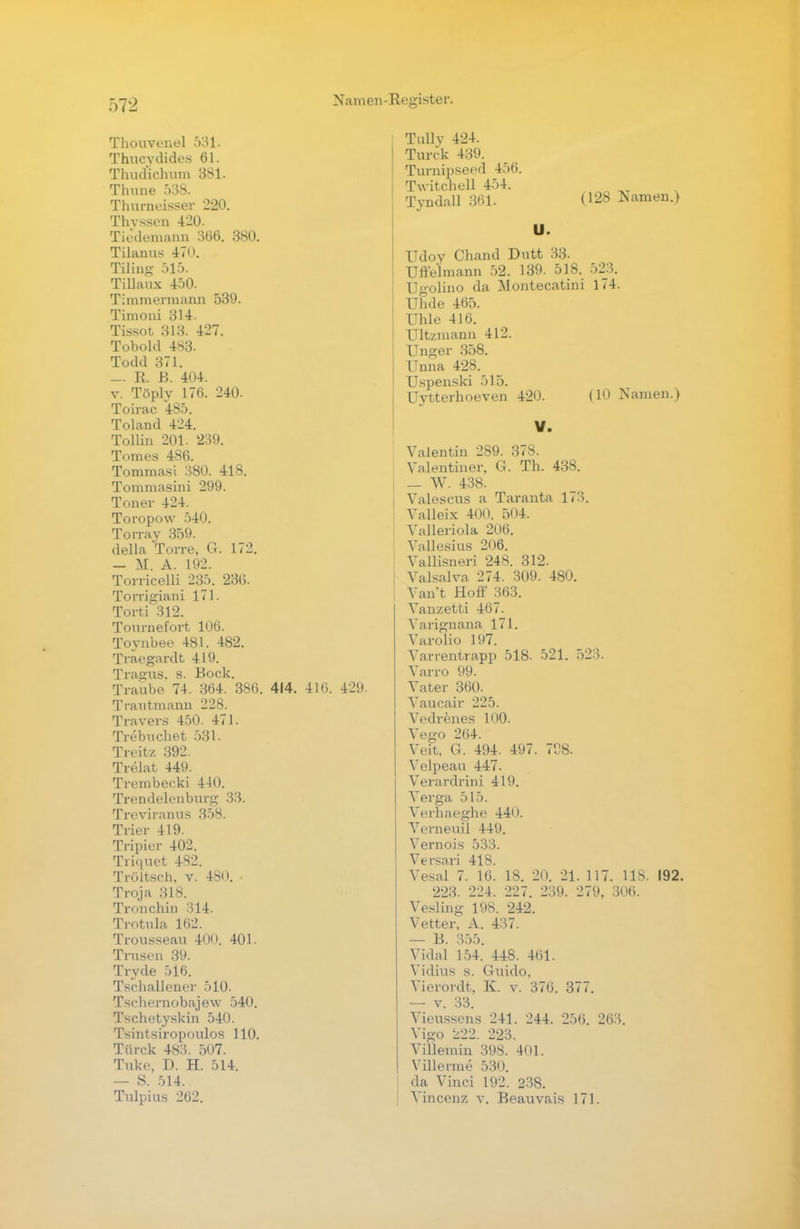 Thouvenel 531. Thucydides 61. Thudichum 381. Thune 538. Thurneisser 220. Thyssen 420. TiJdemann 366. 380. Tilanus 470. Tiling 515. Tillaux 450. Timmermann 539. Timoni 314. Tissot 313. 427. Tobold 483. Todd 371. — R. ß. 404. v. Töply 176. 240. Toirac 485. Toland 424. Tollin 201. 239. Tomes 486. Tommasi 380. 418. Tommasini 299. Toner 424. Toropow 540. Torray 359. della Torre, G. 172. — M. A. 192. Torricelli 235. 23(5. Torri°;iani 171. Torti 312. Tournefort 106. Toynbee 481. 482. Traegardt 419. Tragus, s. Bock. Traube 74. 364. 386. 414. 416. 429. Trautmann 228. Travers 450. 471. Trebuchet 531. Treitz 392. Trelat 449. Trembecki 440. Trendelenburg 33. Treviranus 358. Trier 419. Tripier 402. Triquet 482. Tröltsch. v. 480. • Troja 318. Tronchin 314. Trotula 162. Trousseau 400. 401. Trusen 39. Trvde 516. Tschallener 510. Tschernobajew 540. Tschetyskin 540. Tsintsiropoulos 110. Türck 483. 507. Tuke, D. H. 514. — S. 514. Tulpius 262. Tullv 424. Turck 439. Turnipseed 456. Twitchell 454. Tyndall 361. (128 Namen.) U. Udoy Chand Dutt 33. Uffelmann 52. 139. 518. 523. Ugolino da Montecatini 174. Uhde 465. Uhle 416. Ultzmann 412. Unger 358. Unna 428. Uspenski 515. Uytterhoeven 420. (1U Namen.) V. Valentin 289. 378. Valentiner, G. Th. 438. _ W. 438. Valescus a Taranta 173. Valleix 400. 504. Valleriola 206. Vallesius 206. Vallisneri 248. 312. Valsalva 274. 309. 480. Van t Hoff 363. Vanzetti 467. Varignana 171. Varolio 197. Varrentrapp 518. 521. 523. Varro 99. Vater 360. Vaucair 225. Vedrenes 100. Vego 264. Veit, G. 494. 497. 708. Velpeau 447. Verardrini 419. Verga 515. Vcrhaeghe 44*». Verneuil 449. Vernois 533. Versari 418. Vesal 7. 16. 1^. 20. 21. 117. 118. 192. 223. 224. 227. 239. 279, 306. Vesling 198. 242. Vetter, A. 437. — B. 355. VidaJ 154. 448. 461. Vidius s. Guido, Vierordt, K. v. 376. 377. — v. 33. Vieussens 241. 244. 256. 263. Vigo 222. 223. Villemin 398. 401. Villerme 530. da Vinci 192. 238. Vincenz v. Beauvais 171.