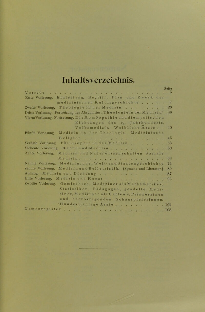 Inhaltsverzeichnis. Seite Vorrede 5 Erste Vorlesung. Einleitung. Begriff, Plan und Zweck der inedizinischenKulturgeschichte 7 Zweite Vorlesung. TheologieinderMedizin 23 Dritte Vorlesung. Fortsetzung des Abschnittes „TheologieinderMedizin 36 Vierte Vorlesung. Fortsetzung. DieHumöopathieunddiemystischen Richtungen des ig. Jahrhunderts. Volksmedizin. Weibliche Arzte . . 4ü Fünfte Vorlesung. Medizin in der Theologie. Medizinische Religion , 45 Sechste Vorlesung. Philosophiein d erMedizin 53 Siebente Vorlesung. R e c h t u u d M e d i z i n 60 Achte Vorlesung. Medizin und Naturwissenschaften Soziale Medizin 66 Neunte Vorlesung. MediziniuderWelt-undStaatengeschichte 74 Zehute Vorlesung. Medizin und Belletristik. (Sprache und Literatur.) 80 Anhang. MedizinundDichtung 87 Elfte Vorlesung. M e d i z i n u n d K u n s t 96 Zwölfte Vorlesung. Gemischtes. Mediziner alsMathematiker, Statistiker, Pädagogen, geadelte Medi- ziner, Mediziner als Gatten v. Prinzessinen und hervorragenden Schauspielerinnen, HundertjährigeÄrzte 102 Namenregister 108