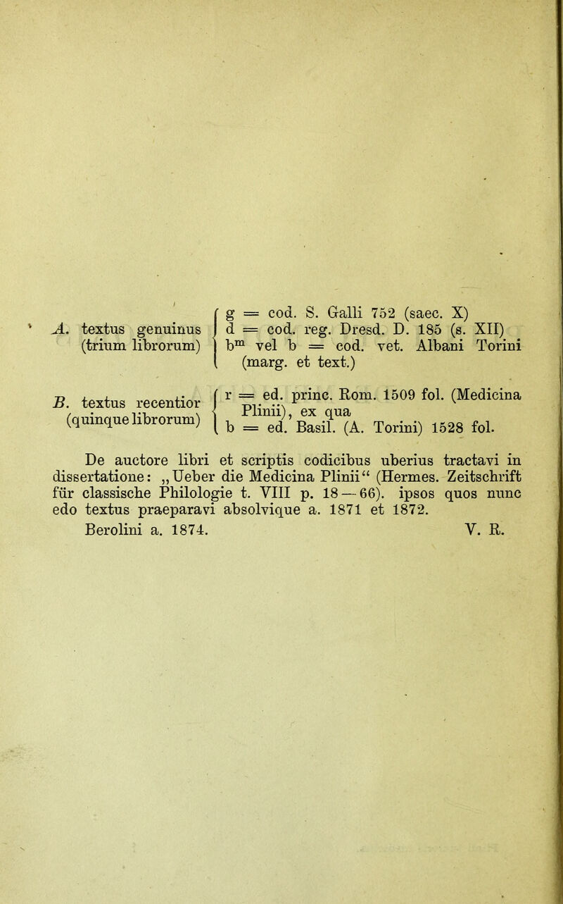 A. textus genuinus (trium librorum) B. textus recentior (quinque librorum) ■ g = cod. S. Galli 752 (saec. X) d = cod. reg. Dresd. D. 185 (s. XII) vel b = cod. vet. Albani Torini (marg. et text.) r = ed. princ. Rom. 1509 fol. (Medicina Plinii), ex qua b = ed. Basil. (A. Torini) 1528 fol. De auctore libri et scriptis codicibus uberius tractavi in dissertatione: „Ueber die Medicina Plinii (Hermes. Zeitschrift fiir classiscbe Philologie t. VIII p. 18 — 66). ipsos quos nunc edo textus praeparavi absolvique a. 1871 et 1872. Berolini a. 1874. V. R.