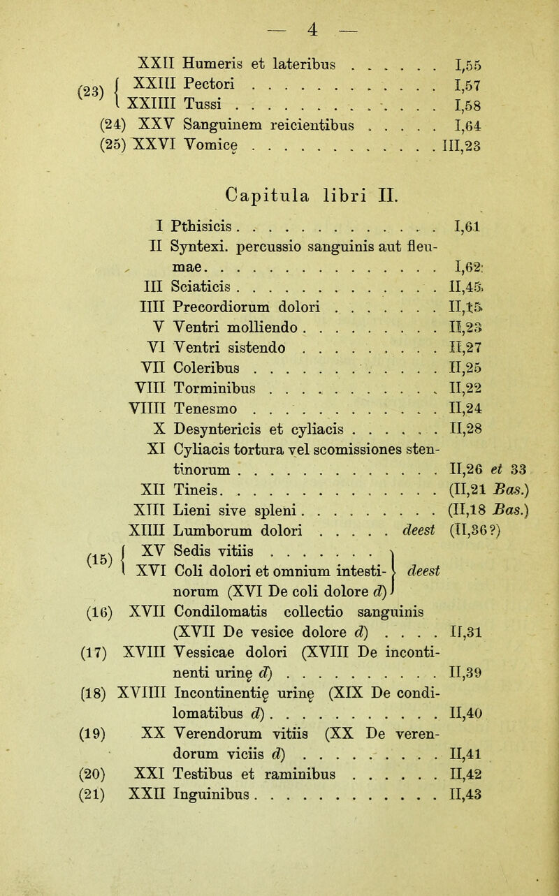 XXII Humeris et lateribus 1,55 I XXIII Pectori 1,57 ^ ^ 1 XXIIII Tussi . . . 1,58 (24) XXV Sanguinem reicientibus 1,64 (25) XXVI Vomic§ . 111,23 Capitula libri 11. 1 Pthisicis 1,6.1 II Syntexi. percussio sanguinis aut flen- mae 1,62: III Sciaticis • • • • 11,45-. nil Preeordiorum dolori ....... II,t5> V Ventri moUiendo 11,23 VI Ventri sistendo 11,27 VII Coleribus 11,25 VIII Torminibus . . . 11,22 Villi Tenesmo 11,24 X Desyntericis et cyliacis ...... 11,28 XI Cyliacis tortura yel scomissiones sten- tinorum 11,26 et 33 XII Tineis (11,21 Bos.) XIII Lieni sive spleni (11,18 Bus.) XIIII Lmnborum dolori deest (11,86?) (15) j Sedis vitiis \ \ XVI Coli dolori et omnium intesti- \ deest norum (XVI De coli dolore d) f (16) XVII Condilomatis coUectio sanguinis (XVII De vesice dolore d) .... 11,31 (17) XVIII Vessicae dolori (XVIII De inconti- nenti urin^ S) 11,39 (18) XVilli Incontinentia urin§ (XIX De condi- lomatibus d) 11,40 (19) XX Verendorum vitiis (XX De veren- dorum viciis d) - . . . . 11,41 (20) XXI Testibus et raminibus 11,42 (21) XXII Inguinibus 11,43