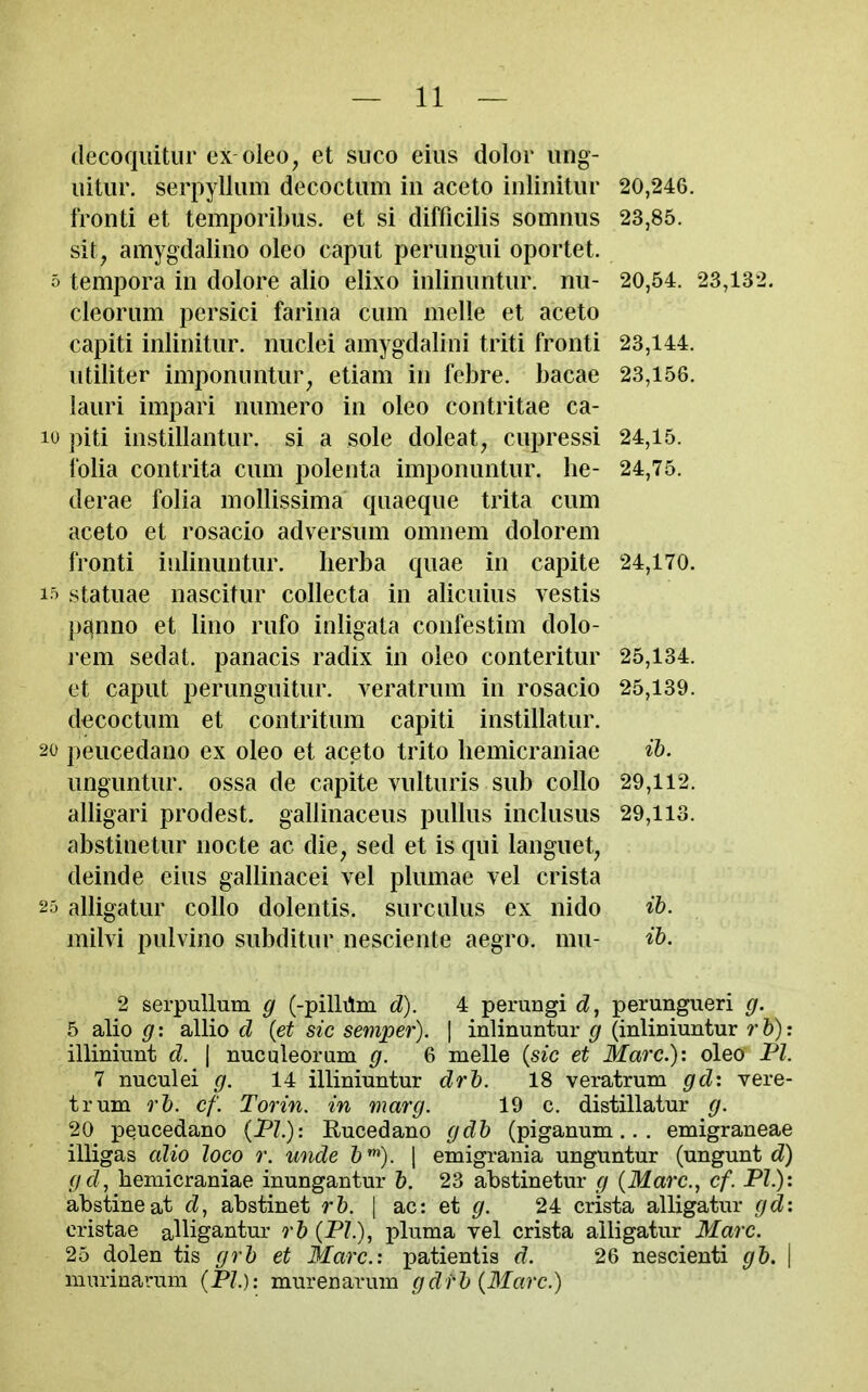 (lecoquitiir ex oleo, et suco eius dolor ung- iiitiir. serpylliim decoctum in aceto iiilinitur 20,246. fronti et temporibiis. et si difficiiis somnus 23,85. sit, amygdaliiio oleo caput periiiigiii oportet. tempora in dolore alio elixo inliniintur. nu- 20,54. 23,132. cleorum persici farina cum melle et aceto capiti inlinitur. nuclei amygdalini triti fronti 23,144. utiliter imponuntur, etiam in febre. bacae 23,156. lauri imparl numero in oleo contritae ca- 10 piti instillantur. si a sole doleat, cupressi 24,15. he- 24,75. folia contrita cum polenta imponuntur derae folia mollissima cpiaeque trita cum aceto et rosacio adversum omnem dolorem fronti iidinuntur. lierba quae in capite 24,170. i- statuae nascitur collecta in alicuius vestis pcfnno et lino rufo inligata confestim dolo- rem sedat. panacis radix in oleo conteritur 25,134. et caput perunguitur. veratrum in rosacio 25,139. decoctum et contritum capiti instillatur. 20 peucedano ex oleo et aceto trito hemicraniae ih. unguntur. ossa de capite vulturis sub coUo 29,112. alligari prodest. gallinaceus puUus inclusus 29,113. abstinetur nocte ac die, sed et is qui languet, deinde eius gallinacei vel plumae vel crista alligatur collo dolentis. surcalus ex nido ib. milvi pulvino subditur nesciente aegro. mu- ib. 25 2 serpullum g (-pillilm d). 4 perungi d, perungueri g. 5 alio g: allio d {et sic semper). \ inlinuntur g (inliniuntur I'h): illiniimt d. \ nuculeorum g. 6 melle {sic et Marc.)-, oleo PI. 7 nuculei g. 14 illiniuntur drh. 18 veratrum gdx vere- trum tT). cf. Torin. in marg. 19 c. distillatur g. 20 peucedano (JPL): Rucedano gdb (piganum.. . emigraneae illigas cdio loco r. unde b^). \ emigrauia unguntur (ungunt c?) gd, hemicraniae inungantur b. 23 abstinetur g {Marc, cf. PL): abstineat d, abstinet rb. \ ac: et g. 24 crista alligatur gd: cristae alligantur rb {PL), pluma vel crista alligatur Marc. 25 dolen tis grb et Marc: patientis d. 26 nescienti gb. | murinarum {PL): murenarum gdfb {Marc.)