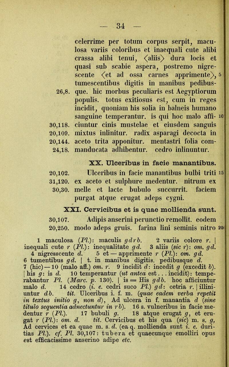 celerrime per to turn corpus serpit, macu- losa variis coloribus et inaequali cute alibi crassa alibi tenui, <(aliis)> dura locis et quasi sub scabie aspera, postremo nigre- scente <(et ad ossa carnes apprimente^, 5 tumescentibus digitis in manibus pedibus- 26,8. que. hie morbus peculiaris est Aegyptiorum populis. totus exitiosus est, cum in reges incidit, quoniam his solia in balneis humano sanguine temperantur. is qui hoc malo affi- lo 30,118. ciuntur cinis mustelae et eiusdem sanguis 20,109. mixtus inUnitur. radix asparagi decocta in 20,144. aceto trita apponitur, mentastri folia com- 24,18. manducata adhibentur. cedro inlinuntur. XX. Ulceribus in facie manantibus. 20,102. Ulceribus in facie manantibus bulbi triti is 31,120. ex aceto et sulphure medentur. nitrum ex 30,30. melle et lacte bubulo succurrit. faciem purgat atque erugat adeps cygni. XXI. Cervicibus et is quae moUienda sunt. 30,107. Adipis anserini perunctio remollit. eodem 20,250. modo adeps gruis. farina lini seminis nitro 20 1 maculosa {PI.): maculis gdrb. 2 variis colore r. \ inequali cute r {PI): inequalitate gd. 3 aliis {sic r): oni. gd, 4 nigresscente d. 5 et — apprimente r {PI.): om. gd. 6 tumentibus gd. \ t. in manibus digitis. pedibusque d. 7 (hie) —10 (malo aff.) om. r. 9 incidit d: incedit g (excedit h). [his g: is d. 10 temperantur {ut antea est. .. incidit): tempe- rabantur PI. {Marc. p. 130). 1 is == His gdb. hoc afficiuntur malo d. 14 cedro (^. e. cedri suco PI.) gd: cetria r. | illini- untur db. tit. Ulceribus i. f. m. {quae eadem verba repetit in textus initio g, non d), Ad ulcera in f. manantia d {sine titulo sequentia adnectuntur in rb). 16 s. vulneribus in facie me- dentur r {PI.). 17 bubuli g. 18 atque erugat g, et eru- gat r {PI.): om. d. tit. Cervicibus et his qua {sic) m. s. g, Ad cervices et ea quae m. s. d. (ea q. mollienda sunt i. e. duri- tias PL), cf. PI. 30,107: tub era et quaecunque emolliri opus est efficacissime anserino adipe etc.