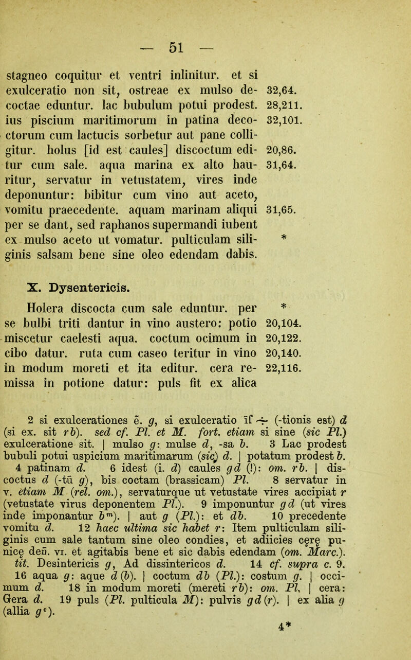 stagneo coquitiir et ventri inlinitiir. et si exiilceratio non sit, ostreae ex mulso de- 32,64. coctae edimtiir. lac biibiilum potiii prodest. 28,211. ins pisciiim maritimorimi in patina deco- 32,101. ctorum cnm lactucis sorbetnr aut pane coUi- gitur. holus [id est caules] discoctum edi- 20,86. tur cum sale, aqua marina ex alto hau- 31,64. ritur, servatur in vetustatem, vires inde deponuntur: bibitur cum vino aut aceto, vomitu praecedente. aquam marinam aliqui 31,65. per se dant, sed raphanos supermandi iubent ex mulso aceto ut vomatur. pulticulam sili- * ginis salsam bene sine oleo edendam dabis. X. Dysentericls. Holera discocta cum sale eduntur. per * se bulbi triti dantur in vino austero: potio 20,104. miscetur caelesti aqua, coctum ocimum in 20,122. cibo datur. ruta cum caseo teritur in vino 20,140. in modum moreti et ita editur. cera re- 22,116. missa in potione datur: puis fit ex alica 2 si exulcerationes e. g, si exulceratio if -r- (-tionis est) d (si ex. sit rb). sed cf. PI. et M. fort, etiam si sine (sic PI.) exulceratione sit. | mulso g: mulse d, -sa b. 3 Lac prodest bubuli potui uspicium maritimarum (sic) d. | potatum prodest b. 4 patinam d. 6 idest (i. d) caules gd (!): om. rb. \ dis- coctus d (-tu g), bis coctam (brassicam) PI. 8 servatur in v. etiam M (rel. om.), servaturque ut vetustate vires accipiat r (vetustate virus deponentem PL). 9 imponuntur gd (ut vires inde imponantur &»). | aut g {PI): et db. 10 precedente vomitu d. 12 haec ultima sic habet r: Item pulticulam sili- ginis cum sale tantum sine oleo condies, et adiicies c§r§ pu- nic§ den. vi. et agitabis bene et sic dabis edendam (om. Marc). tit. Desintericis g, Ad dissintericos d. 14 cf. supra c. 9. 16 aqua g: aque d{b). \ coctum db (PI.): costum g. \ occi- mum d. 18 in modum moreti (mereti rb): om. PI, \ cera: Gera d. 19 puis (PI. pulticula M)i pulvis gd{r). | ex aba g (allia ^«). 4*