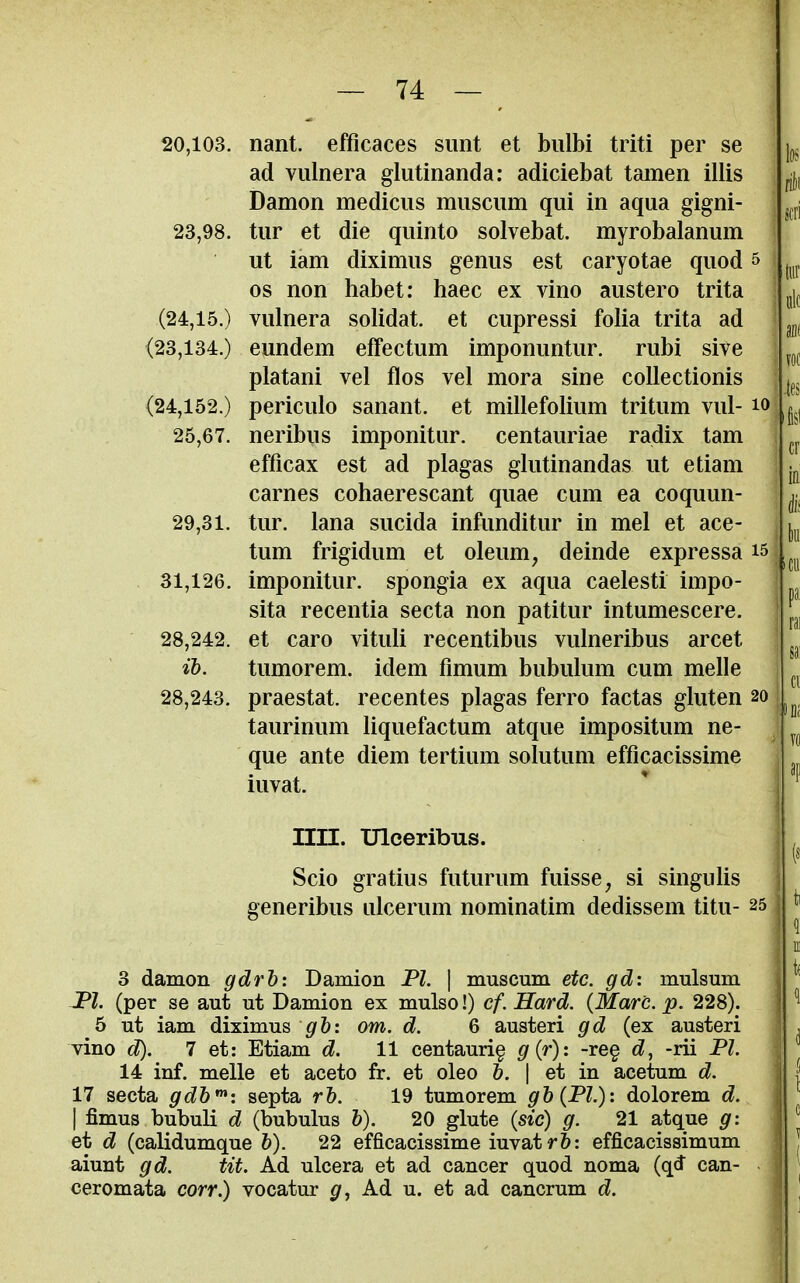 — 14: — 20,103. nant. efficaces sunt et biilbi triti per se ad vulnera glutinanda: adiciebat tainen illis Damon medicus museum qui in aqua gigni- 23,98. tur et die quinto solvebat. myrobalanum ut iam diximus genus est caryotae quod 5 OS non habet: haec ex vino austero trita (24,15.) vulnera solidat. et cupressi folia trita ad (23,134.) eundem effectum imponuntur. rubi sive platani vel flos vel mora sine coUectionis (24,152.) periculo sanant. et millefolium tritum vul- lo 25,67. neribus imponitur. centauriae radix tam efficax est ad plagas glutinandas ut etiam carnes cohaerescant quae cum ea coquun- 29,31. tur. lana sucida infunditur in mel et ace- tum frigidum et oleum, deinde expressa i5 31,126. imponitur. spongia ex aqua caelesti impo- sita recentia secta non patitur intumescere. 28.242. et caro vituli recentibus vulneribus arcet ih. tumor em. idem fimum bubulum cum melle 28.243. praestat. recentes plagas ferro factas gluten 20 taurinum liquefactum atque impositum ne- que ante diem tertium solutum efficacissime iuvat. Iin. Ulceribus. Scio gratius futurum fuisse, si singulis generibus ulcerum nominatim dedissem titu- 25 3 damon gdrb: Damion PL | museum etc. gd: mulsum JPl. (per se aut ut Damion ex mulso!) cf. Hard. {Marb. p. 228). 5 ut iam diximus gh: om. d. 6 austeri gd (ex austeri vino d). 7 et: Etiam d. 11 centaurig g{r): -re§ d^ -rii PI. 14 inf. melle et aceto fr. et oleo h. \ et in acetum d. 17 secta gdb***: septa rh. 19 tumorem gh^Pl.): dolorem d. I fimus bubuli d (bubulus h). 20 glute {sic) g. 21 atque g: et d (calidumque h). 22 efficacissime iuvat r&: efficacissimum aiunt gd. tit. Ad ulcera et ad cancer quod noma (q^ can- ceromata corr.) vocatur g, Ad u. et ad cancrum d. Ilk •tes fist cr ini k sai 1)Do