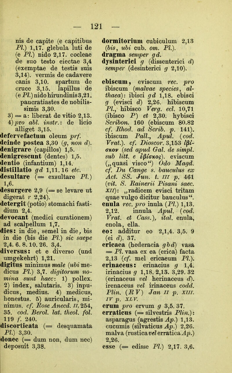 nis de capite (e capitibus PI.) 1,17. glebula luti de (e PI.) nido 2,17. cocleae de suo testo eiectae 3,4 (exemptae de testis suis 3,14). vermis de cadavere canis 3,10. spartum de cruce 3,15. lapilliis de (e PI.) nido hirundinis 3,21. pancratiastes de nobilis- simis 3,30. 3) = a: liberat de vitio 2,13. 4h)pro dbl. instr.: de licio alliget 3,16. defervefactuin oleum prf. deinde postea 3,30 (g, non d). denigrare (capillos) 1,5. denigrescunt (dentes) 1,5. dentio (infantium) 1,14. distillatio gd 1,11.16 etc. desultar^ (= exsultare PI.) 1,6. desurgere 2,9 (= se levare ut digerat r 2,24). detergit (potio) stomachi fasti- dium 2,4. devocant (medici curationem) ad scalpellum 1,7. dies: in die, semel in die, bis in die (bis die PI) sic saepe 2,4. 6. 8.10. 26. 3,4. diversus: et e diverse (und umgekehrt) 1,21. digitus minimus male {iibi me- dicus PI.) 3,7. digitorum no- mina sunt haec: 1) poUex. 2) index, salutaris. 3) inpu- dicus, medius. 4) medicus, honestus. 5) auricularis, mi- nimus, cf. Pose Anecd. ii, 254, 35. cod. Berol. lat. theol, fol. 119 240. discorticata (= desquamata PI.) 3,30. donee (= dum non, dum nec) deposuit 3,38. dormitorium cubiculum 2,13 {his, ubi cub. om. PI.). dragma semper gd. dysinterici g (disseuterici d) semper (desinterici g 2,10). ebiseum, eviscum rec. pro ibiscum {malvae species, al- thaea): ibisci gd 1,18. ebisci g (evisci d) 2,26. hibiscum PI., bibisco Verg. eel. 10,71 (ibisco P) et 2,30. hybisci Scribon. 160 (ebiscum 80.82 cf. Mhod. ad Scrib. p. 141). ibiscum Pall., Apul. {cod. Vrat.). cf. Dioscor. 3,153 l^i- GKOv (sed apud Gal. de simpl. sub litt. e s§L6-Kog). eviscum („ quasi visco) Odo Magd. cf. Du Cange s. bauculus ex Act. SS. Jun. t. Ill p, 461 {vit. S. Bainerii Pisani saec. XII): „radicem evisci tritam quae vulgo dicitur bauculus enula rec. pro inula {PI.) 1,13. 2,12. innula Apul. {cod. Vrat. et Cass.), ital. enula, enola, ella. eo: additur eo 2,1,4. 3,5. 9 (ei d). 37. ericaea (hederacia gbd) vasa == PI. vasa ex ea (erica) facta 2,13 {cf. mel ericaeum PI.). erinaceus: erinacius g 1,4. irinacius g 1,18. 2,13. 3,29. 32 (erinaceus vel herinaceus d). irenaceus vel irinaceus codd. Plin. {BV) Jan ii p. xiii. IV p. XLV. erum pro ervum g 3,5. 37. erraticus (= silvestris Plin.): asparagus (agrestis-4p.) 1,13. cucumis (silvaticus Ap.) 2,26. malva (rusticaveZerratica J.^^.) 2,26. esse (= edisse PI) 2,17. 3,6.