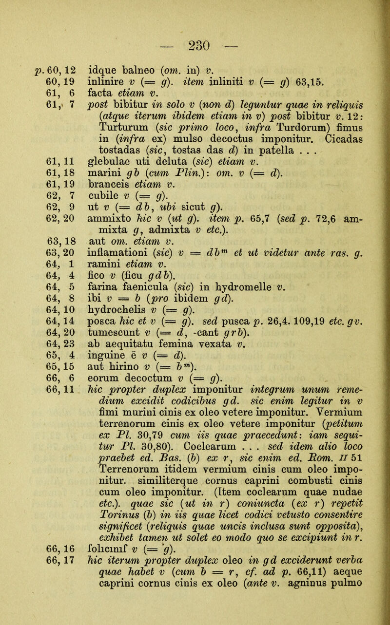 p. 60,12 idque balneo (om. in) v. 60,19 inlinire v {== g). item inliniti v {= g) 63,15. 61, 6 facta etiam v. 61, » 7 post bibitur in solo v {non d) leguntur quae in reliquis {atque iterum ibidem etiam in v) post bibitur v. 12: Turturum {sic primo loco, infra Turdorum) fimus in {infra ex) mulso decoctus imponitur. Cicadas tostadas {sic, tostas das d) in patella . . . 61,11 glebulae uti deluta {sic) etiam v. 61.18 marini gh {cum Plin.): om. v {== d). 61.19 branceis etiam v. 62, 7 cubile V (= g). 62, 9 ui V {= dh, ubi sicut g). 62, 20 ammixto liic v {ut g). item p. 65,7 {sed p. 72,6 am- mixta g, admixta v etc.). 63,18 aut om. etiam v. 63.20 inflamationi {sic) v = dh^ et ut videtur ante ras. g. 64, 1 ramini etiam v. 64, 4 fico V (fieu gdh). 64, 5 farina faenicula {sic) in hydromelle v. 64, 8 ihi V = b {pro ibidem gd). 64.10 hydrochelis v {— g). 64.14 posca hie et v {= g). sed pusca p. 26,4.109,19 etc. gv. 64,20 tumescunt v (= d, -cant grb). 64, 23 ab aequitatu femina vexata v. 65, 4 inguine e v (= d). 65.15 aut hirino v {= b^). 66, 6 eorum decoctum v (= g). 66.11 hie propter duplex imponitur integrum unum reme- dium excidit codicibus gd. sic enim legitur in v fimi murini cinis ex oleo vetere imponitur. Vermium terrenorum cinis ex oleo vetere imponitur {petitum ex PI. 30,79 cum iis quae praecedunt: iam sequi- tur PI. 30,80). Coclearum . . . sed idem alio loco praebet ed. Bas. (b) ex r, sic enim ed. Mom. ii 61 Terrenorum itidem vermium cinis cum oleo impo- nitur. similiterque cornus caprini combusti cinis cum oleo imponitur. (Item coclearum quae nudae etc.). quae sic {ut in r) coniuncta {ex r) repetit Torinus (6) in iis quae licet codici vetusto consentire significet {reliquis quae uncis inclusa sunt opposita), exhibet tamen ut solet eo modo quo se excipiunt in r. 66.16 folicmif V {= 'g). 66.17 hie iterum propter duplex oleo in gd exciderunt verba quae habet v {cum b == r, cf. ad p. 66,11) aeque caprini cornus cinis ex oleo {ante v. agninus pulmo