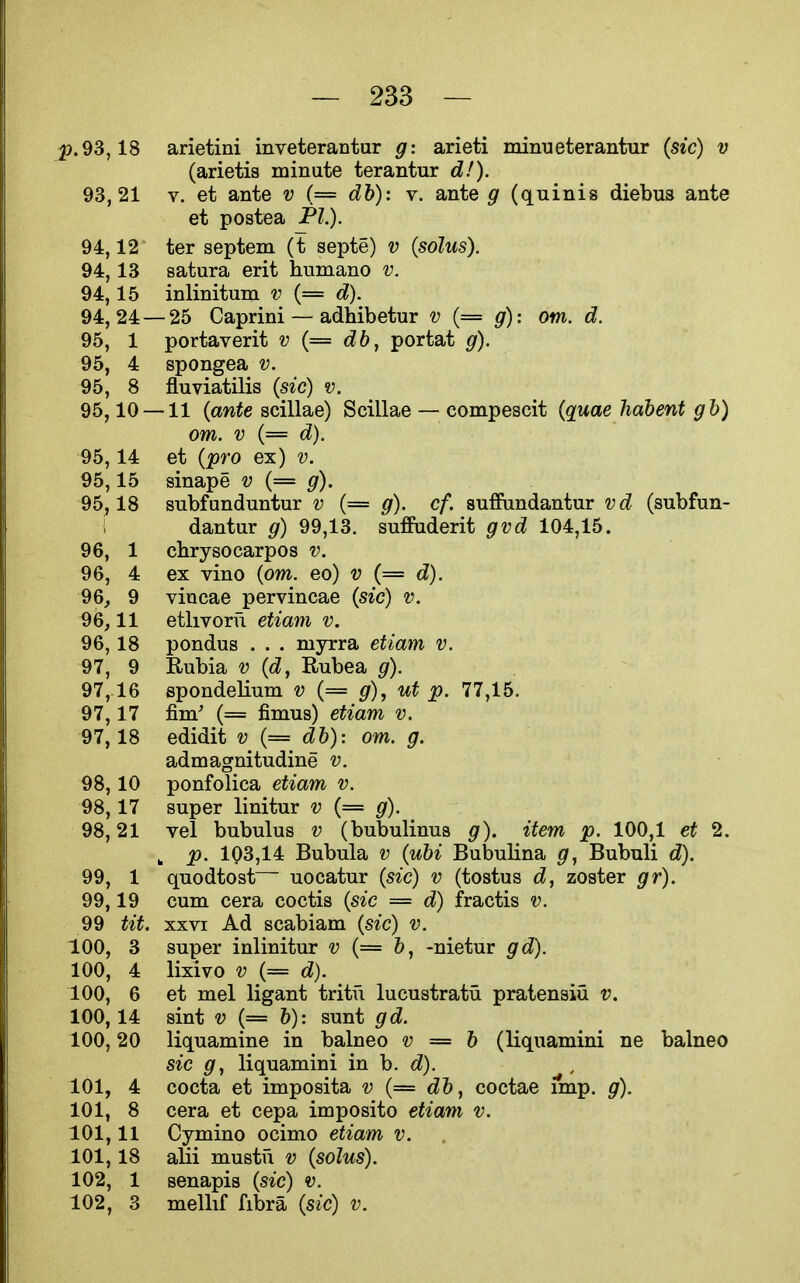 ^3.93, 18 93, 21 94, 12 94, 13 94 15 JL kJ 94, 24- 95, 1 95, 4 95 8 95, 10- 95, 14 95, 15 95, 18 96, 1 96, 4 96, 9 96 11 J. J. 96, 18 97, 9 97, 16 97 17 97, 18 98, 10 98, 17 98, 21 99, 1 99, 19 99 tit 100, 3 100, 4 100, 6 100, 14 100, 20 101, 4 101, 8 101, 11 101, 18 102, 1 102, 3 arietini inveterantur g: arieti minueterantur (sic) v (arietis minute terantur d!). V. et ante v (= db): v. ante g (quinis diebus ante et postea PL). ter septem (t septe) v (solus). satura erit humano v. inlinitum v (= d). - 25 Caprini — adhibetur v (= g): om. d. portaverit v (= db^ portat g). spongea v. fluviatilis (sic) v. -11 (awfe scillae) Scillae—compescit (quae habent gb) om. V (= d). et (pro ex) V. sinape v (= g). subfunduntur v (== g). cf. sufiFundantur vd (subfun- dantur g) 99,13. suffuderit gvd 104,15. cbrysocarpos v. ex vino (om. eo) v (= d). viucae pervincae (sic) v. etlivoru etiam v. pondus . . . myrra etiam v. Rubia V (d^ Rubea g). spondelinm v (= g), ut p. 77,15. fim^ (= fimus) etiam v. edidit v (= db): om. g. admagnitudine v. ponfolica etiam v. super linitur v (= g). vel bubulus v (bubulinns g). item p. 100,1 et 2. , p. 193,14 Bubula V (ubi Bubulina g, Bubuli d). quodtost uocatur (sic) v (tostus dj zoster gr). cum cera coctis (sic = d) fractis v. XXVI Ad scabiam (sic) v. super inlinitur v (= b, -nietur gd). lixivo V (= d). et mel ligant tritu lucustratii pratensiu v. sint V (= b): sunt gd. liquamine in balneo v = b (liquamini ne balneo sic g, liquamini in b. d). cocta et imposita v (== db, coctae imp. g). cera et cepa imposito etiam v. Cymino ocimo etiam v. . afii mustii v (solus). senapis (sic) v. mellif fibra (sic) v.