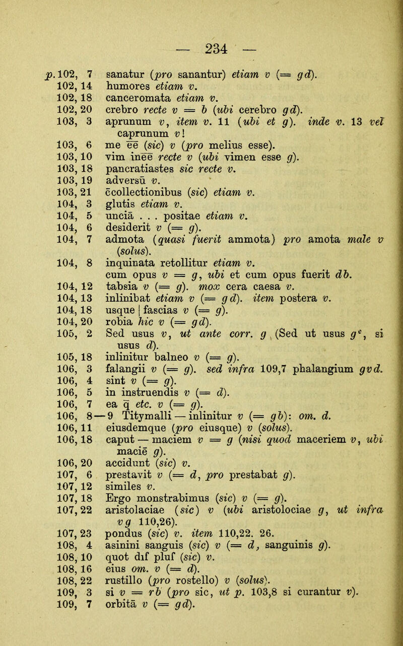 — 234 — 102, 7 102, 14 102, 18 102, 20 103, 3 103, 6 103, 10 103, 18 103 19 103,' 21 104, 3 104, 5 104, 6 104, 7 104, 8 104, 12 104, 13 104, 18 104, 20 105, 2 105, 18 106, 3 106, 4 106, 5 106, 7 106, 8 106, 11 106, 18 106, 20 107, 6 107, 12 107, 18 107, 22 107, 23 108, 4 108, 10 108, 16 108, 22 109, 3 sanatur {pro sanantur) etiam v (= gd). humores etiam v. canceromata etiam v. crebro recte v = b {uhi cerebro gd). aprunum v, item v. 11 {uhi et g). inde v. 13 vel caprunum v\ me ee {sic) v {pro melius esse), vim inee recte v {ubi vimen esse g). pancratiastes sic recte v. adversu v. ' ccollectionibus {sic) etiam v. glutis etiam v. uncia . . . positae etiam v. desiderit v {= g). admota {quasi fuerit ammota) pro amota male {solus). inquinata retollitur etiam v. cum opus V = g, ubi et cum opus fuerit db. tabsia v {= g). mox cera caesa v. inlinibat etiam v {— gd). item postera v. usque I fascias v (= g). robia hie v (== gd). Sed usus V, ut ante corr. ^ (Sed ut usus g^^ si usus d). inlinitur balneo v (= g). falangii v {= g). sed infra 109,7 phalangium gvd. sint V {== g). in instruendis v (= d). ea q etc. v {= g). -9 Titymalli — inlinitur v (= gb): cm, d. eiusdemque (pro eiusque) v {solus). caput — maciem v = g {nisi quod maceriem v, ubi macie g)- - accidunt {sic) v. prestavit v {= d, pro prestabat g). similes v. Ergo monstrabimus {sic) v {= g). aristolaciae {sic) v {ubi aristolociae g^ ut infra vg 110,26). pondus {sic) v. item 110,22. 26. asinini sanguis {sic) v {= d, sanguinis g). quot dif pluf {sic) v. eius om. v {= d). rustillo {pro rostello) v {solus). Q\ V = rb {pro sic, ut p. 103,8 si curantur v).