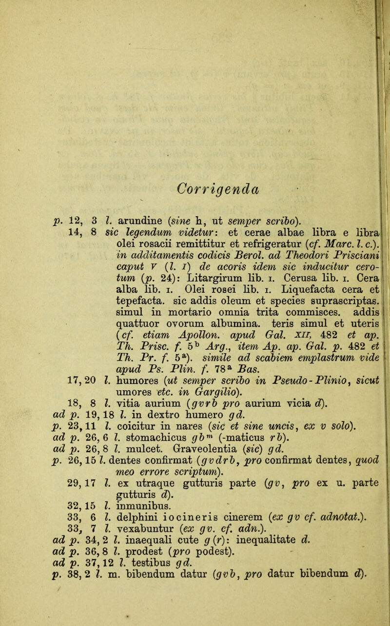 Corrigenda p. 12, 3 I. arundine {sine h, ut semper scribo). 14, 8 sic legendum videtur: et cerae albae libra e libra olei rosacii remittitur et refrigeratur {cf. Marc. I.e.). in additamentis codicis Berol. ad Theodori Prisciani caput V {I. I) de acoris idem sic inducitur cero- tum {p. 24): Litargirum lib. i. Cerusa lib. i. Cera alba lib. i. Olei rosei lib. i. Liquefacta cera et tepefacta. sic addis oleum et species suprascriptas. simul in mortario omnia trita commisces. addis quattuor ovorum albumina. teris simul et uteris (of. etiam Apollon. apud Gal. xir, 482 et ap. Th. Prise, f.b^ Arg.^ item Ap. ap. Gal. p. 482 et Th. Pr. f. 5*). simile ad scabiem emplastrum vide apud Ps. Plin. f. 78» Pas. 17,20 I. humores {ut semper scribo in Pseudo - Plinio ^ sicut umores etc. in Gargilio). 18, 8 I. vitia aurium {gvrb pro aurium vicia d). ad p. 19,18 I. in dextro bumero gd. p. 23,11 I. coicitur in nares {sic et sine unciSj ex v solo), ad p. 26,6 I. stomacbicus gb (-maticus rb). ad p. 26,8 I. mulcet. Graveolentia {sic) gd. p. 26,15 Z. dentes confirmat {gvdrb, pro confirmat dentes, quod meo err ore scriptum). 29,17 I. ex utraque gutturis parte {gv, pro ex u. parte gutturis d). 32,15 I. inmunibus. 33, 6 I. delphini iocineris cinerem {ex gv cf. adnotat.). 33, 7 I. vexabuntur {ex gv. cf. adn.). ad p. 34, 2 I. inaequali cute g {r): inequalitate d. ad p. 36,8 I. prodest {pro podest). ad p. 37,12 I. testibus gd.