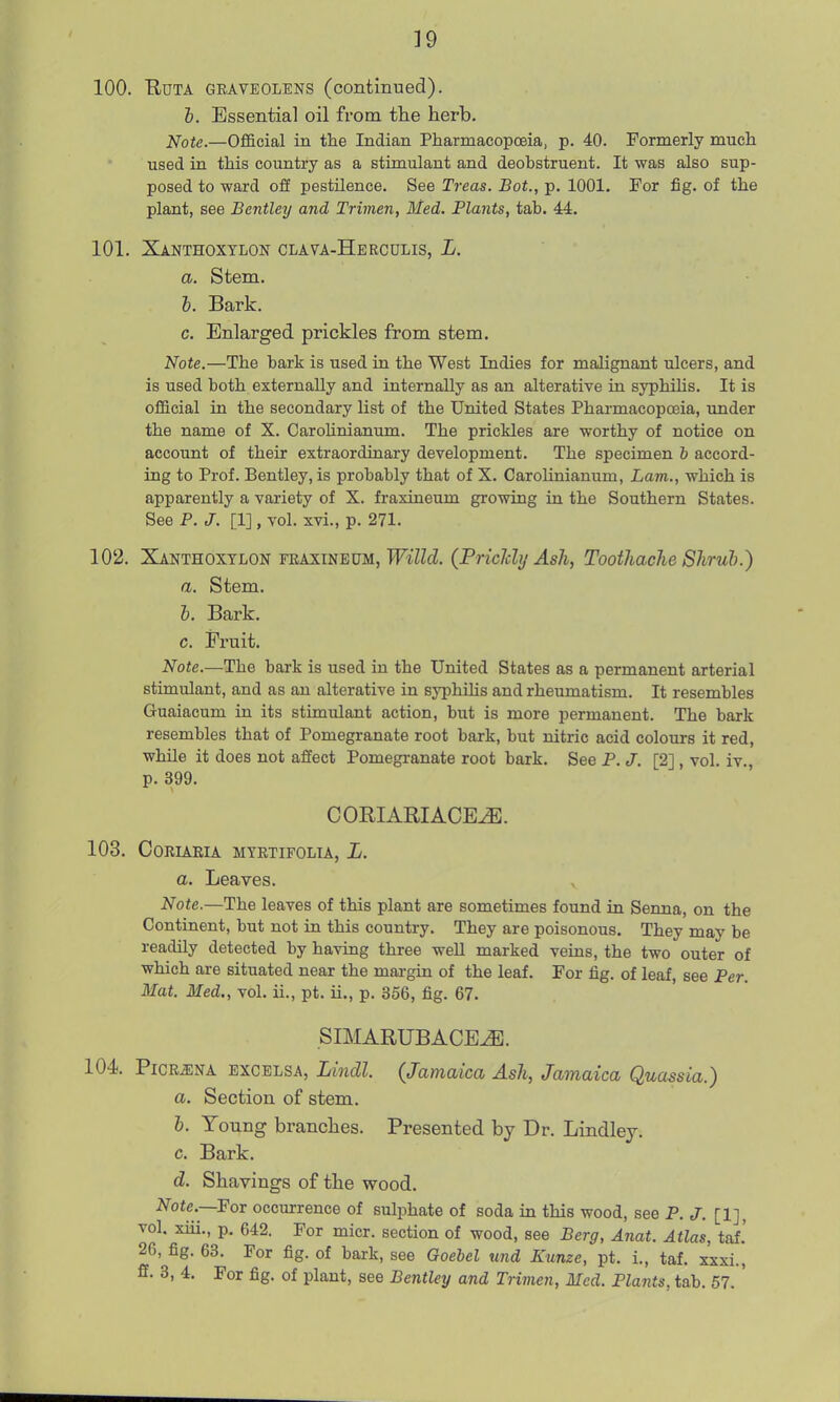 100. RuTA GRAVEOLENS (continued). b. Essential oil from the herb. Note.—Official in the Indian Pharmacopoeia, p. 40. Formerly much used in this country as a stimulant and deobstruent. It was also sup- posed to ward off pestilence. See Treas. Bot., p. 1001. For fig. of the plant, see Bentley and Trimen, Med. Plants, tab. 44. 101. Xanthoxylon clava-Heeculis, L. a. Stem. h. Bark. c. Enlarged prickles from stem. Note.—The bark is used in the West Indies for malignant ulcers, and is used both externally and internally as an alterative in syphiUs. It is official in the secondary list of the United States Pharmacopoeia, under the name of X. Oarohnianum. The prickles are worthy of notice on account of their extraordinary development. The specimen i accord- ing to Prof. Bentley, is probably that of X. CaroUnianum, Lam., which is apparently a variety of X. fraxineum growing in the Southern States. See P. J. [1], vol. xvi., p. 271. 102. Xanthoxtlon fraxineum, PTiZZcZ. (PricJcly Ash, Toothache Sliruh.) a. Stem. h. Bark, c. Fruit. Note.—The bark is used in the United States as a permanent arterial stimulant, and as an alterative in syphiHs and rheumatism. It resembles Guaiacum in its stimulant action, but is more permanent. The bark resembles that of Pomegranate root bark, but nitric acid colours it red, while it does not affect Pomegranate root bark. See P. J. [2], vol. iv., p. 399. CORIARIACE^. 103. CORIAEIA MYETIFOLIA, L. a. Leaves. Note.—The leaves of this plant are sometimes found in Senna, on the Continent, but not in this country. They are poisonous. They may be readily detected by having three well marked veins, the two outer of which are situated near the margin of the leaf. For fig. of leaf, see Per. Mat. Med,, vol. ii., pt. ii., p. 356, fig. 67. SIMARUBACE^. 104 PiCR^NA BXCBLSA, Lindl. (Jamaica Ash, Jamaica Quassia.) a. Section of stem. &. Young branches. Presented by Dr. Lindley. c. Bark. d. Shavings of the wood. Note.—FoT occurrence of sulphate of soda in this wood, see P. J. [1], vol. xiii., p. 642. For micr. section of wood, see Berg, Anat. Atlas, taf.' 26, fig. 63. For fig. of bark, see Goebel und Kunze, pt. i., taf. xxxi., ff. 3, 4. For fig. of plant, see Bentley and Trivien, Med. Plants, tab. 57. '