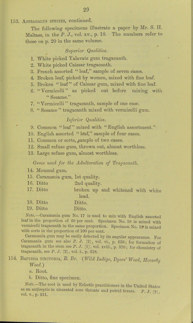 153. Astragalus species, continued. The following specimens illustrate a paper by Mr. S. H. Maltass, in the P. vol. xv., p. 18. The numbers refer to those on p. 20 in the same volume. * Superior Qualities. 1. White picked Talavatz gum tragacanth, 2. White picked Caissar tragacanth. 3. French assorted  leaf, sample of seven cases. 4. Broken leaf, picked by women, mixed with fine leaf. 5. Broken  leaf of Caissar gum, mixed with fine leaf. 6. Vermicelli as picked out before mixing with  Sesame. 7. Vermicelli  tragacanth, sample of one case. 8.  Sesame  tragacanth mixed with vermicelli gum. Inferior Qualities. 9. Common leaf mixed with English assortment. 10. English assorted  l^af, sample of four cases. 11. Common or sorts, ^ample of two cases. 12. Small refuse gum, thrown out, almost worthless. 13. Large refuse gum, almost worthless. Gums used for the Adulteration of Tragacanth. 14. Moussul gum. 15. Caramania gum, 1st quality. 16. Ditto 2nd quality. 17. Ditto broken up and whitened with white lead. 18. Ditto Ditto. 19. Ditto Ditto. ^■ote.—Caramania gum No. 17 is used to mix with English assorted leaf in the proportion of 50 per cent. Specimen No. 18 is mixed with vermicelli tragacanth in the same proportion. Specimen No. 1^ is mixed with sorts in the proportion of 100 per cent. Caramania gum may be easily detected by its angular appearance. For Caramania gum see also P. J. [2], vol. vl., p. 658; for formation of tragacanth in the stem see P. J. [1], vol. xviii., p. 370 ; for chemistry of tragacanth, see P. J. [2], vol. i., p. 518. 154. Baptisia tinctoria, B. Br. {Wild Indigo, Dyers' Weed Horse^y Weed.) a. Root. b. Ditto, fine specimen. Note.—The root is used by Eclectic practitioners in the United States as an antiseptic in ulcerated sore throats and putrid fevers P J f' vol. v., p. 211. ' • • L-i.