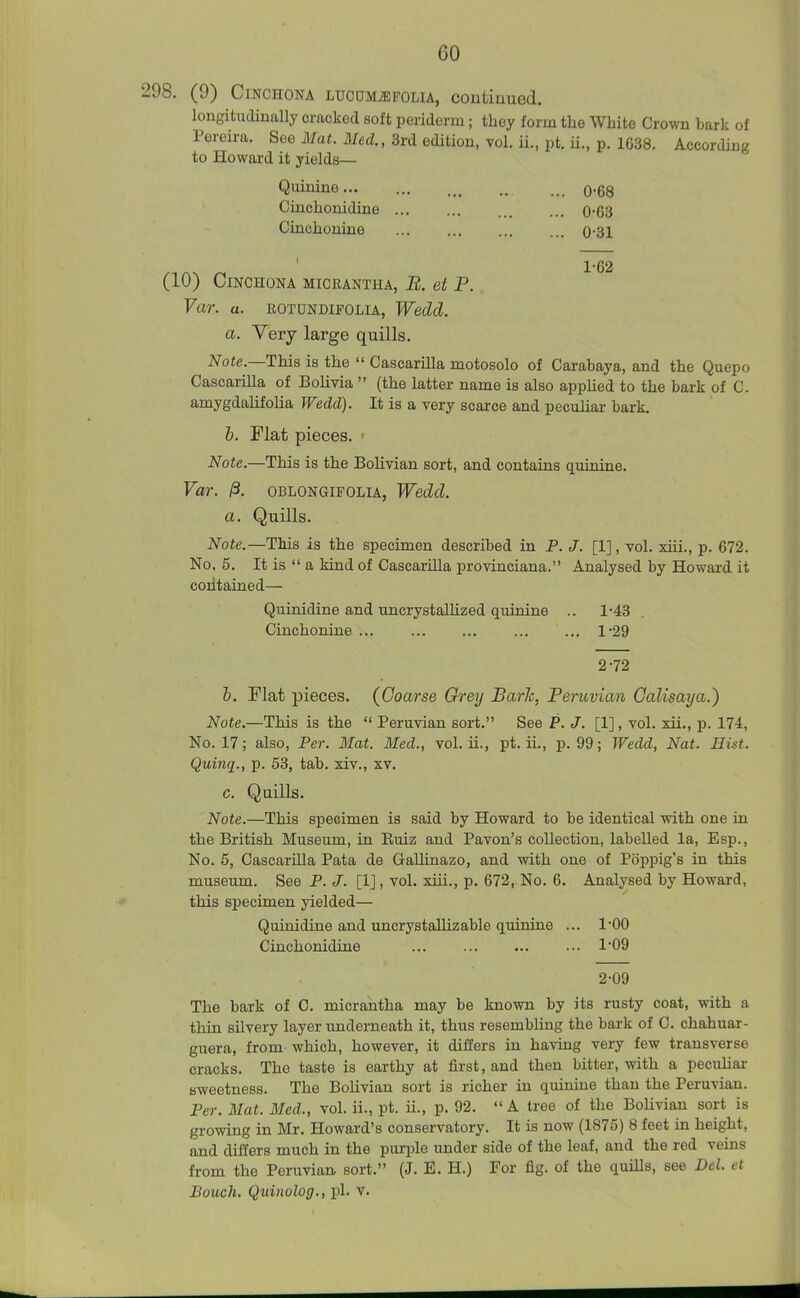 8. (9) Cinchona LucuMiEPOLrA, continued. longitudinally cracked soft periderm; they form the White Crown bark of Pereira. See Mat. Med., 3rd edition, vol. ii., pt. ii., p. 1G38. According to Howard it yields— Quinine... ... o-68 Cinchonidine 0-03 Cinchonine 0-31 (10) Cinchona micrantha, B. et P. Var. a. ROTUNDIFOLIA, Wedd. a. Very large quills. Note.—This is the  Cascarilla motosolo of Carabaya, and the Quepo Casoarilla of Bolivia  (the latter name is also applied to the bark of C. amygdalifolia Wedd). It is a very scarce and peculiar bark. b. Flat pieces. • Note.—This is the Bolivian sort, and contains quinine. Var. ^. OBLONGiFOLiA, Wedd. a. Quills. Note.—This is the specimen described in P. J. [1], vol. xiii., p. 672. No, 5. It is  a kind of CascariUa provinciana. Analysed by Howard it coiitained— Quinidine and uncrystallized quinine .. 1-43 Cinchonine ... 1-29 2-72 h. Flat pieces. {Goarse Grey Bark, Peruvian Oalisaya.) Note.—This is the  Peruvian sort. See P. J. [1], vol. xii., p. 174, No. 17; also. Per. Mat. Med., vol. ii., pt. ii., p. 99; Wedd, Nat. Hist. Quinq., p. 53, tab. xiv., xv. c. Quills. Note.—This specimen is said by Howard to be identical with one in the British Museum, in Euiz and Pavon's collection, labelled la, Esp., No. 5, CascarUla Pata de Gallinazo, and with one of Poppig's in this museum. See P. J. [IJ, vol. xiii., p. 672, No. 6. Analysed by Howard, this specimen yielded— Quinidine and uncrystaHizable quinine ... 1-00 Cinchonidine 109 2-09 The bark of C. micrantha may be known by its rusty coat, with a thin silvery layer underneath it, thus resembling the bark of C. chahuar- guera, from which, however, it differs in having very few transverse cracks. The taste is earthy at first, and then bitter, with a peculiar sweetness. The Bolivian sort is richer in quinine than the Peruvian. Per. Mat. Med., vol. ii., pt. ii., p. 92. A tree of the Bolivian sort is growing in Mr. Howard's conservatory. It is now (1875) 8 feet in height, and differs much in the purple under side of the leaf, and the red veins from the Peruvian sort. (J. E. H.) For fig. of the quills, see Del. et Bouch. Quinolog., pi. v.