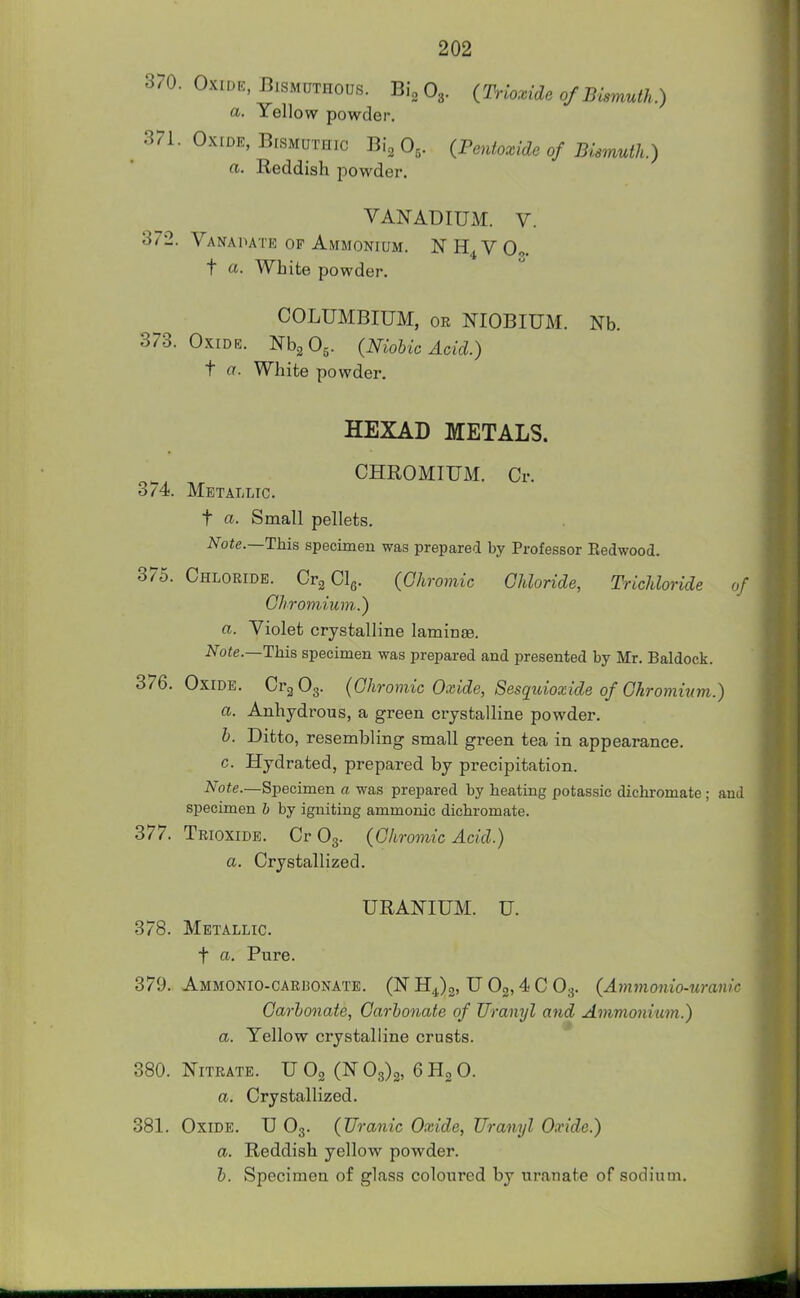 370. Oxide, BisMUTHous. Bi^ O3. {Trioxide of Bismuth .) a. Yellow powder. 371. Oxide, BrsMUTHic Bi^ O5. iPentoxide of Bismuth.) a. Reddish powder. VANADIUM. V. 372. Vanadate of Ammonium. N V Oo. t a. White powder. COLUMBIUM, OR NIOBIUM. Nb. 373. Oxide. NbgOj. (Niobic Acid.) t a. White powder. HEXAD METALS. CHROMIUM. Cr. 374. Metallic. t a. Small pellets. Note.—This specimen was prepared by Professor Redwood. 375. Chloride. Org Clg. (Chromic Chloride, Trichloride of Chromium..) a. Violet crystalline laminae. Note.—This specimen was prepared and presented by Mr. Baldock. 376. Oxide. CrgOg. {Chromic Oxide, Sesq^idoxide of Chromium.) a. Anhydrous, a green crystalline powder. h. Ditto, resembling small green tea in appearance, c. Hydrated, prepared by precipitation. iV^oie.—Specimen a was prepared by heating potassic dichromate; and specimen h by igniting ammonic dichromate. 377. Trioxide. Cr O3. {Chromic Acid.) a. Crystallized. URANIUM. U. 378. Metallic. t a. Pure. 379. AMM0NI0-CAR130NATE. (N 114)3, U Og, 4 C O3. (Ammonio-uraiiic Carbonate, Carbonate of Uranyl and Amvionimn.) a. Yellow crystalline crusts. 380. Nitrate. U Og (N 03)3, 6 0. a. Crystallized. 381. Oxide. U O3. (Uranic Oxide, Uranyl Oxide.) a. Reddish yellow powder. b. Specimen of glass coloured by urauate of sodium.