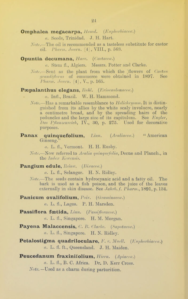Omphalea megacarpa, llnnsl. {J^iiji/mrhidror.) a. Seeds, Trinidad. J. H. Hart. Xotc-—The oil is recommended as a tasteless substitute for castor oil. rintnii. .h)iiyn. [4], VIII., p. 503. Opuntia decumana, Ihu r. (( artaccr.) (I. Stem fl., Algiers. INlessrs. Potter and Clarke. Xdtr.—Sent as the plant from which the |liowers of Carttm //ranihynnis of commerce were obtained in 1897. See I'lntnii. Jiiuni. [4], v., p. 105. Paepalanthus elegans, I Ink/. [I'lrioratilonacctr.) II. Intl., Brazil. W. H. Hammond. Note.—Has a remarkable resemblance to Ilflir/iri/sioii. It is distin- guished from its allies by the white scaly involucre, nearly a centimetre broad, and by the spreading hairs of the peduncles and the large size of its capitulum. See KiKjler, J>(is I'jhnnenri'ic/i, IV., 30, p. 275. Used for decorative purposes. Panax quinquefolium, f.iun. (Araliacnr.)  American Ginseng. L. ri., Vermont. H. H. Kusby. Xotf.—Now referred to Aralia i/iiinf/iicfulid, Decne and Planch., in the llldf.r Kciri'iisis. Pangium edule, Ilrimr. {Ilixaccir.) a. L. fl., Selangor. H. N. Kidley. Xotc.—The seeds contain hydrocyanic acid and a fatty oil. The bark is used as a fish poison, and the juice of the leaves externally in skin disease. See Jahrb. f. I'liarni., 1891, p. 134. Panicum ovalifolium, I'oir. {(h-anunaccd.) a. L. fl., Lagos. P. H. Marsden. Passiflora foetida, Liiui. {Pas.sifinrcura:) a. L. H., Singapore. H. ]\I. IMorgan. Payena Malaccensis, ('. J>. Clarke. {Sapntaccr.) a. L. tl., Singapore. H. N. Ridley. Petalostigma quadriloculare, h\ r. Mudl. {I^iiphorbiacca.) a. L. tl. ft., Queensland. J. H. Maiden. Peucedanum fraxinilolium, Hi cm. {Apiairir.) a. L. Jl., B. C. Africa. Dr. D. Kerr Cross. INTofe. —Used as a charm during parturition.