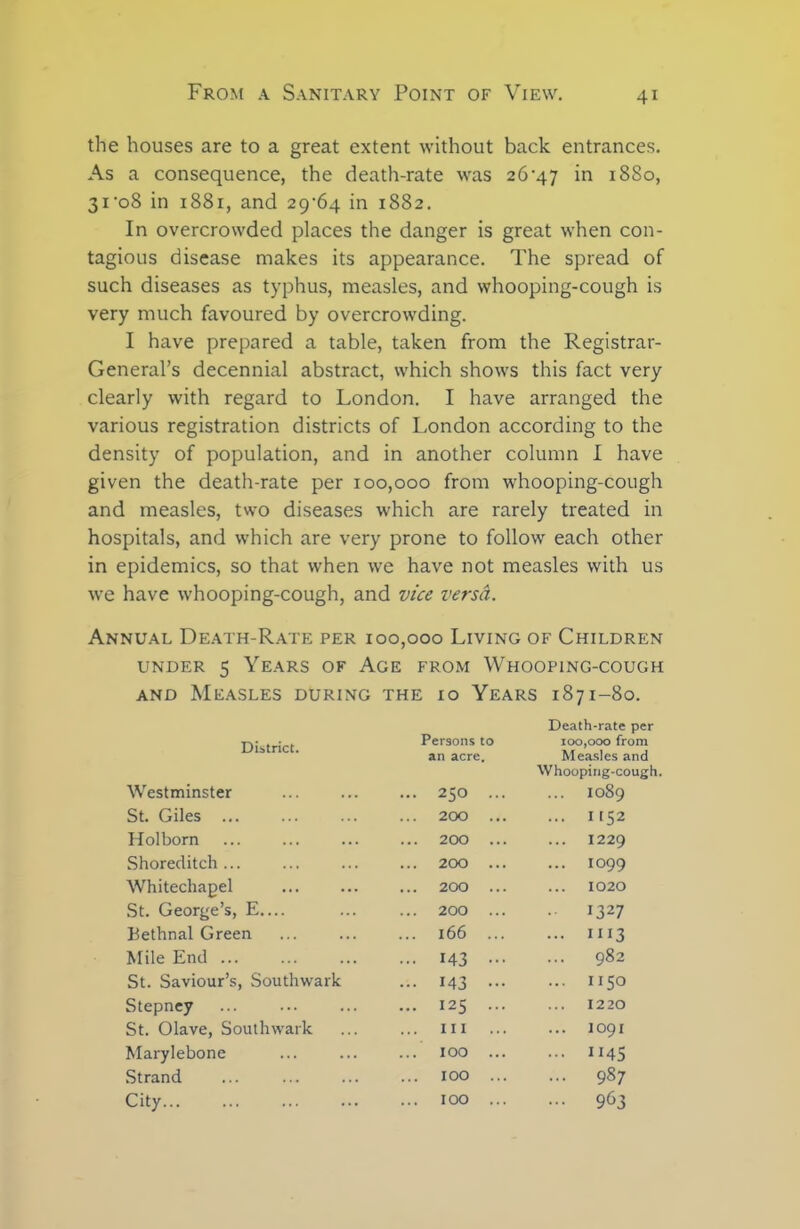 the houses are to a great extent without back entrances. As a consequence, the death-rate was 26'47 in 1880, 3i'o8 in 1881, and 29^64 in 1882. In overcrowded places the danger is great when con- tagious disease makes its appearance. The spread of such diseases as typhus, measles, and whooping-cough is very much favoured by overcrowding. I have prepared a table, taken from the Registrar- General’s decennial abstract, which shows this fact very clearly with regard to London. I have arranged the various registration districts of London according to the density of population, and in another column I have given the death-rate per 100,000 from whooping-cough and measles, two diseases which are rarely treated in hospitals, and which are very prone to follow each other in epidemics, so that when we have not measles with us we have whooping-cough, and vice versa. Annual Death-Rate per 100,000 Living of Children under 5 Years of Age from Whooping-cough and Measles during the 10 Years 1871-80. Death-rate per District. Persons to an acre. 100,000 from Measles and Whooping-cough. Westminster ... 250 . . ... 1089 St. Giles ... 200 . ... It52 Holborn ... 200 . ... I229 Shoreditch... ... 200 . ... IO99 Whitechapel ... 200 . ... 1020 St. George’s, E.... ... 200 . .. I327 Bethnal Green ... 166 . ... I I 13 Mile End ... 143 • . ... 982 St. Saviour’s, Southwark ... 143 • ... 1150 Stepney ... ... 125 . ... 12 20 St. Olave, Southwark ... Ill . . ... IO9I Marylebone ... IOO . ... 1145 .Strand ... 100 . ... 987 City ... IOO . ... 963