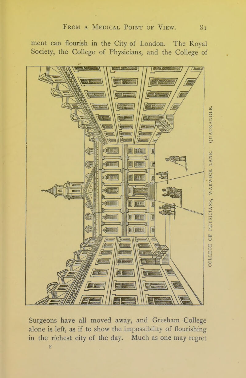 ment can flourish in the City of London. The Royal Society, the College of Physicians, and the College of Surgeons have all moved away, and Gresham College alone is left, as if to show the impossibility of flourishing in the richest city of the da)’. Much as one may regret F COLLEGE OF PHYSICIANS, WARWICK LANE. QUADRANGLE.