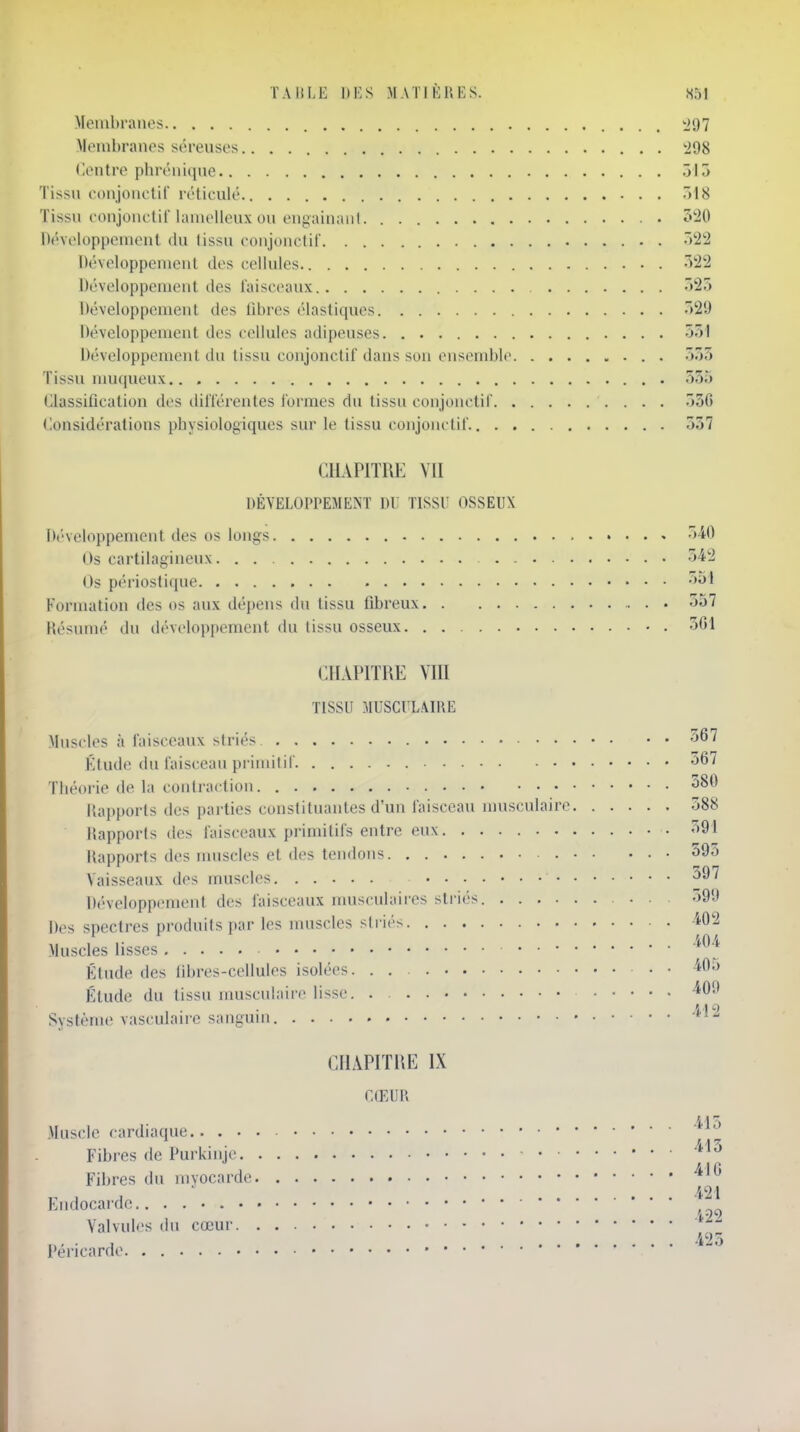 Membranes '297 Meuibranos séreuses tJ98 Centre plnvnuiue Tylô Tissu conjonelif réticulé .)18 Tissu conjonclif lanielleux ou engainant. . 520 Développement du tissu conjonctif )22 Développement des cellules ~>22 Développement des faisceaux '>2,^ Développement des fibres élastiques )29 Développement des cellules adipeuses ô.îl Développement du tissu conjonctif dans son ensembh* -wS Tissu nuKiueux Classification des ililïérentes formes du tissu conjonctif .)3G Considérations physiologiques sur le tissu conjonctif 557 CHAPITRE VII DÉVELOPPEMENT DU TISSU OSSEUX Développement des os longs 540 Os cartilagineux 542 Os périostique 551 Formation des os aux dépens du tissu fibreux 557 Résumé du développement du tissu osseux 5G1 CHAPITRE VIII TISSU MUSCUL.\IRE Muscles à faisceaux striés 567 Étude du faisceau priniitil 567 Théorie de la contraction 580 Dap[)orts des parties constituantes d'un faisceau musculaire 588 Rapports des faisceaux primitifs entre eux 591 Rapports des muscles et des tendons 593 Vaisseaux des muscles 597 Développement des faisceaux nmsculaires striés. 599 Des spectres produits par les muscles striés 4'02 10 i Muscles lisses Étude des libres-cellules isolées -t^^-^ Étude du tissu musculaire lisse. . ^^'^ 11 9 Svstème vasculaire sangum CHAPITRE IX CŒUR 411 .Muscle cardiaque Fibres de Purkinjc ''■'^ /II* Fibres du myocarde 421 F^iidocardc Valvules du cœur ^^-^ 425 Péricarde