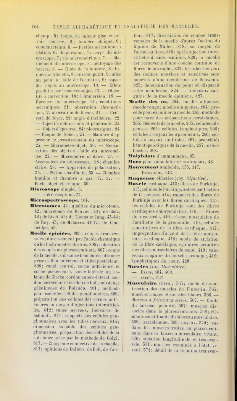 cliaiiip, 5: loupe, C: inir-oir plan et mi- roir concave, 6 ; liiiuièrc obliciuc, 0 ; coiidensatours, 6. — l'artios mécaniques : platine, 6; (liaphraf;ine, 7: coriis tiu mi- crosc(>|ie, 7; vis micromélriipu!, 7. — Ma- niement du microscope, S: nettoyage îles verres. 8. — Choix de la lumière, 8; lu- mière artilicielle, 8 : mise au point, 9; mise au point à l'aide de l'oculaire, l); aspeci des objets au microscope, 10. — Effets produits ]iai' le couvre-olijet, 17. — Objec- tifs à correction, 18; à immersion, 19. — Épreuve du microscope, 21; conditions mécaniques, 121; aberralion chromati- (|ue, 2; aberration de l'orme, 21. — Briè- veté du foyer, 21 ; angfle d'incidence, 22. — Objectifs définissants et pénétrants, 23. — Objets d'épreuve, 24 ; pleurosigma. 24. — Plaque de Nobert, 24. — Manière d'ap- précier le grossissement du microscope. 25. — Micromèlre-objet. 20. — Mensu- ration des objets à l'aide du micromè- tre, 27. — Micromèire oculaire, 27. — Accessoires du microscope. 28; chandjre claire, 28. — Appareils de polarisation. 55. — Platine chauffante, 35. — Chambre humide et chambre à gaz, 17, 37. — Porte-objet électrique, 59. IVlicroscope simple, 3. — stéréoscopique, 31. ITIicrospectroscopc. 16i. ]VIicrotonics, 42; qualités du microtome, 42; microtome de Ranvier, 42 ; de Beiz. 42 ; de Uivet, 42; de Tlioma et Jung, 43-44 ; de Roy, 43; de Malassez, 44-72 ; de Cam- bridge, 45. IMoelle épinière, 805; coupes transver- sales; durcissement par l'acide chromique oulesbichromates alcalins. 805 ; coloration des coupes au picrocarminate, 807; coupe de la moelle, substance blanche et substance grise; sillon antérieui-et sillon posiéricur, 808; canal central, corne antérieure el corne postérieure, corne latérale ou co- lonne de Clarke, cordon antéro-laléral, cor- don postérieur et cordon de Goll, substance gélatineuse de Rolando, lUl ; méthode pour isoler les cellules ganglionaires, 800; préparation des cellules des cornes anté- rieures au moyen d'injections interstitiel- les, 812: tubes nerveux, incisures de Schmidt, 815; rapports des cellules gan- glionnaires avec les tubes nerveux, 814; dimension variable des cellules gan- glionnaires, i)réparation des cellules de la substance gr ise par la méthode de Golgi, 817. —Charpente connective de la moelle. 817; opinions de Dcitcrs, deBoll,dc l'au- teur, 817; dissociation de coupes trans- versales de la moelle d'après l'action du liquide de Mûller, 818; au moyen de lalcoolau tiers, 819; après injection inter- stitielle d'acide osmique, 820; la moelle est recouverte d'une couche continue de fibres de névroglie, 822; les tubes nerveuv des l'acines motrices et sensilives sont poui'vus d'une membrane de Schwann, 825; détermination du point où disparaît cette membrane, 824. — Vaisseaux san- guins de la moelle épinière, 827. lUoelIc des os, 204, moelle adipeuse, moelle rouge; ino(!l!e nuiqueuse, 204; pro- cédé pour examiner la moelle, 205; méthode pour faire des préparations persistantes, 205; élément s de la moelle, 205; cellules adi- peuses, 205; cellules lynq)hati(jues, 200; cellules à noyaux bourgeonnants, 206; cel- lules à noyaux multiples, 207; pro])riélés hématopoiètiques de la moelle, 207 ; ostéo- blastes, 2(i8. ITIol^bilate d'ammoniaque, 95. Mors ]Kiur iminobiliseï les animaux, 48. Mouvement amiboïde, 155, 147. — Brownien, 140. Muqueuse olfactive (voy. Olfaclive). Muscle cardiaque, 415; libi'es de l'urkinje, 413; cellules de Purkinje,isolées par l'action de la [lotasse, 414; rapports des fibres de Purkinje avec les fibres cardiaques, 415: les cellules de Purkinje sont des fibres cardiaques embryonnaires, 410. — Fibres du myocarde, 410; réseau musculaire de l'oreillette de la grenouille, 410; cellules constitutives de la fibre cardia(|ue, 417: imprégnation d'argent de la litjiv muscu- laii-e cardiaque, 418; mode de striation de la fibre cardiaque, cylindres primitifs des tibres musculaires du cœur, 419 ; vais- seaux sanguins du muscle cardiaque, 419 ; lymphatiques du co^ur, 420. Muscles (voy. Musculaire). — lisses, 404, 409. — striés, 507. Musculaire (tissu), 503; mode de con- traction des muscles de l'intestin, 305; muscles rouges et muscles blancs, 366.— Muscles à faisceaux striés, 307. — Étude du faisceau piimitif, 567; muscles dis- sociés dans le picrocarminate, 508; élé- ments constituant s du faisceau musculaire. 509; sarcolemine, 509; noyaux, 570; vus dans les muscles traités au i)icrocarmi- nate, dans le faisceau musculaire vivant, 570; striation longitudinale et transver- sale, 571; muscles examinés à 1 état vi- vant, 371; détail de la striation transver-
