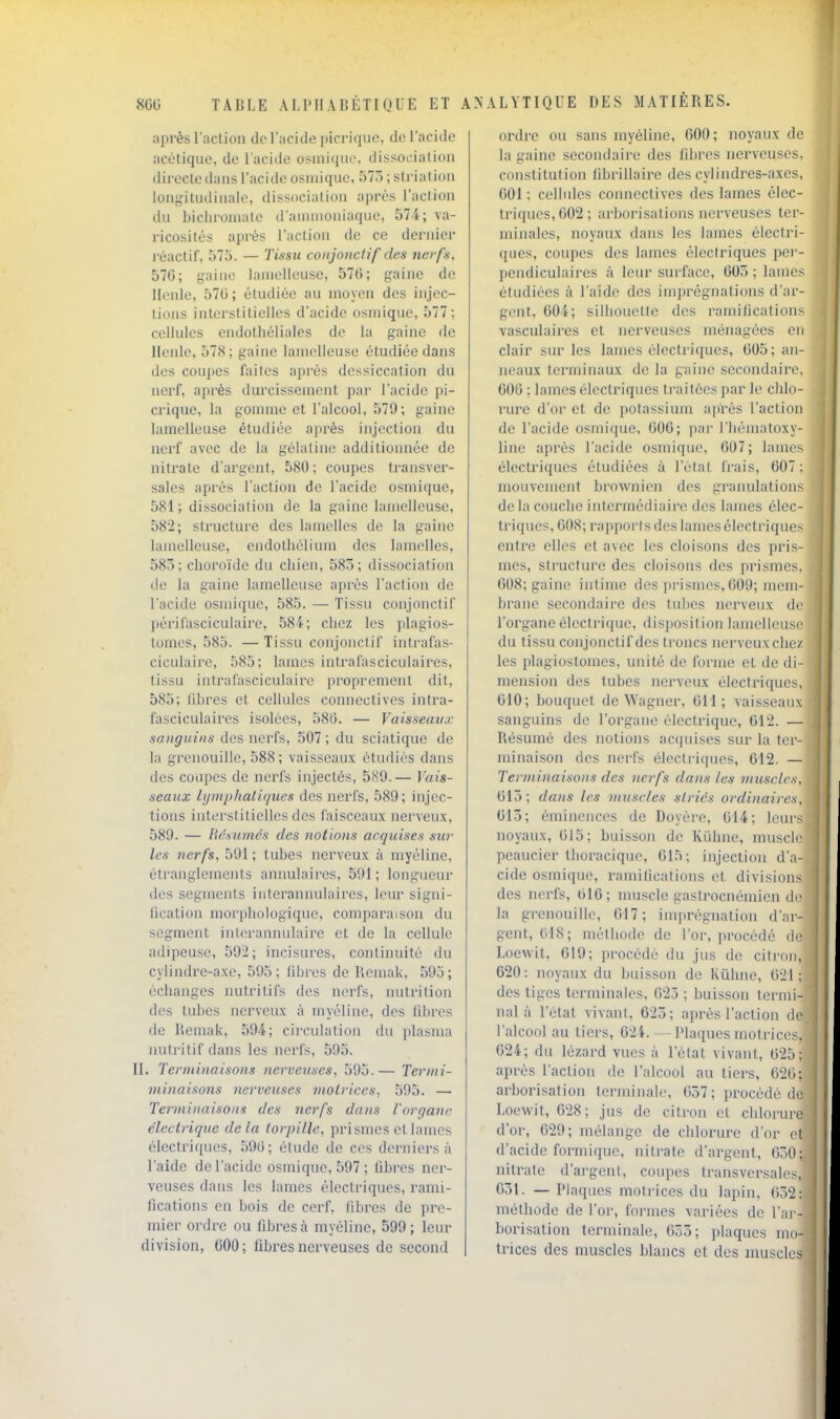 après l'action de l'acide picriqiic, do l'acide acétique, de l'acide osmique, dissociation directe dans l'acide osniique, 575 ; slrialion longitudinale, dissociation après l'aclion du bichromate d'ammoniaque, 574; va- ricosités après l'action de ce dernier réactif, 575. — Tisstt conjonclif des nerfs, 576; gaine lamelleuse, 576; gaine de licnle, 576; étudiée au moyen des injec- tions interstitielles d'acide osmique, 577; cellules endothéliales de la gaine de lienle, 578; gaine lamelleuse étudiée dans des coupes faites après dessiccation du nerf, après durcissement par l'acide pi- crique, la gonmie et l'alcool, 579; gaine lamelleuse étudiée après injection du nerf avec de la gélatine additionnée de nitrate d'argent, 580; coupes transver- sales après l'action de l'acide osmique, 581 ; dissociation de la gaine lamelleuse, 582; structure des lamelles de la gaine lamelleuse, endothélium des lamelles, 585; choroïde du chien, 585; dissociation de la gaine lamelleuse après l'action de l'acide osmique, 585. — Tissu conjonctif ])érifasciculaire, 58i; chez les plagios- tomes, 585. — Tissu conjonctif intrafas- ciculaire, 585; lames intrafasciculaires, tissu intrafasciculairc proprement dit, 585; fibres et cellules connectivcs intra- fasciculaires isolées, 586. — Vaisseaux sanguins des nerfs, 507 ; du sciatique de la grenouille, 588 ; vaisseaux étudiés dans (les coupes de nerfs injectés, 5X9.— Vais- seaux ltjiuj)fial((jucs des nerfs, 589; injec- tions interstitielles des faisceaux nerveux, 589. — lidsumés des notions acquises su7- les nerfs, 591; tubes nerveux à myéline, étranglements annulaires, 591 ; longueur des segments iriterannulaires, leur signi- lication morphologique, comparaison du segment interannulaire et de la cellule adipeuse, 592; incisures, continuité du cylindre-axe, 595; hbres de Remak, 595; échanges nutritifs des nerfs, nutrition des tubes nerveux à myéline, des libres de Remak, 594; cii'culation du plasma luitritif dans les nerfs, 595. II. Terminaisons nerveuses, 595.— Ternri- niinaisons nerveuses motrices, 595. — Terminaisons des nerfs dans l'organe électrique delà torpille, prismes et lames électriques, 596; élude de ces derniers à l'aide de l'acide osmique, 597; fibres ner- veuses dans les lames électriques, rami- fications en bois de cerf, fibres de pre- mier ordre ou libres à myéline, 599; leur division, 600; fibres nerveuses de second ordre ou sans myéline, 600; noyaux de la gaine secondaire des fibres nerveuses, constitution fibrillaire des cylindres-axes, 001 : cellules conncctives des lames élec- triques, 602; arborisations nerveuses ter- minales, noyaux dans les lames électri- ques, coupes des lames électriques per- pendiculaires à leur surface, 605 ; lames étudiées à l'aide des imprégnations d'ar- gent, 604; silhouette des i-nnifications vasculaires et nerveuses ménagées en clair sur les lames électriques, 605; an- neaux terminaux de la gaine secondaire, 606 : lames électriques traitées par le chlo- rure d'or et de potassium aftrés l'action de l'acide o.smique, 606; par l'hématoxy- line après l'acide osmique, 607; lames électriques étudiées à l'état frais, 607: mouvement brownien des granulations de la couche intermédiaire des lames élec- triques, 608; rapports des lames électi'iques entre elles et avec les cloisons des pi-is- mes, structure des cloisons des prismes, 008; gaine intime des prismes, 609; mem- brane secondaire des tubes nerveux de l'organe électrique, disposition lamelleuse du tissu conjonctif des troncs nerveux chez les plagiostomes, unité de forme et de di- mension des tubes nerveux électriques, 610; bouquet de Wagner, 611; vaisseaux sanguins de l'organe électrique, 612. — Résumé des notions acquises sur la ter- minaison des nerfs électriques, 612. — Terminaisons des nerfs dans les muscles, 615; dans les muscles striés ordinaires, 615; éminences de Doyère, 614; leurs noyaux, 615; buisson de Kiihne, muscle peaucier thoracique, 615; injection d'a- cide osmique, ramifications et division^ des nerfs, 616; muscle gaslrocnéniien df la grenouille, 617; imprégnation d'ar- gent, 618; méthode de l'or, procédé di' Loewit, 619; procédé du jus de citron, 620: noyaux du buisson de Kiihne, 621: des tiges terminales, 625 ; buisson termi- nal à l'état vivant, 625; après l'action de l'alcool au tiers, 624. - Plaques motrices. 624; du lézard vues à l'état vivant, 625; après l'action de l'alcool au tiers, 626: arborisation terminale, 657 ; procédé do Loewit, 628; jus de citron et chlorure d'or, 629; mélange de chlorure d'or et d'acide formiquc, nitrate d'argent, 050;, nitrate d'argent, coupes transversales, 651. — Plaques motrices du lapin, 052: méthode de l'or, formes variées de l'ar- borisation terminale, 055; plaques mo- trices des muscles blancs et des muscles