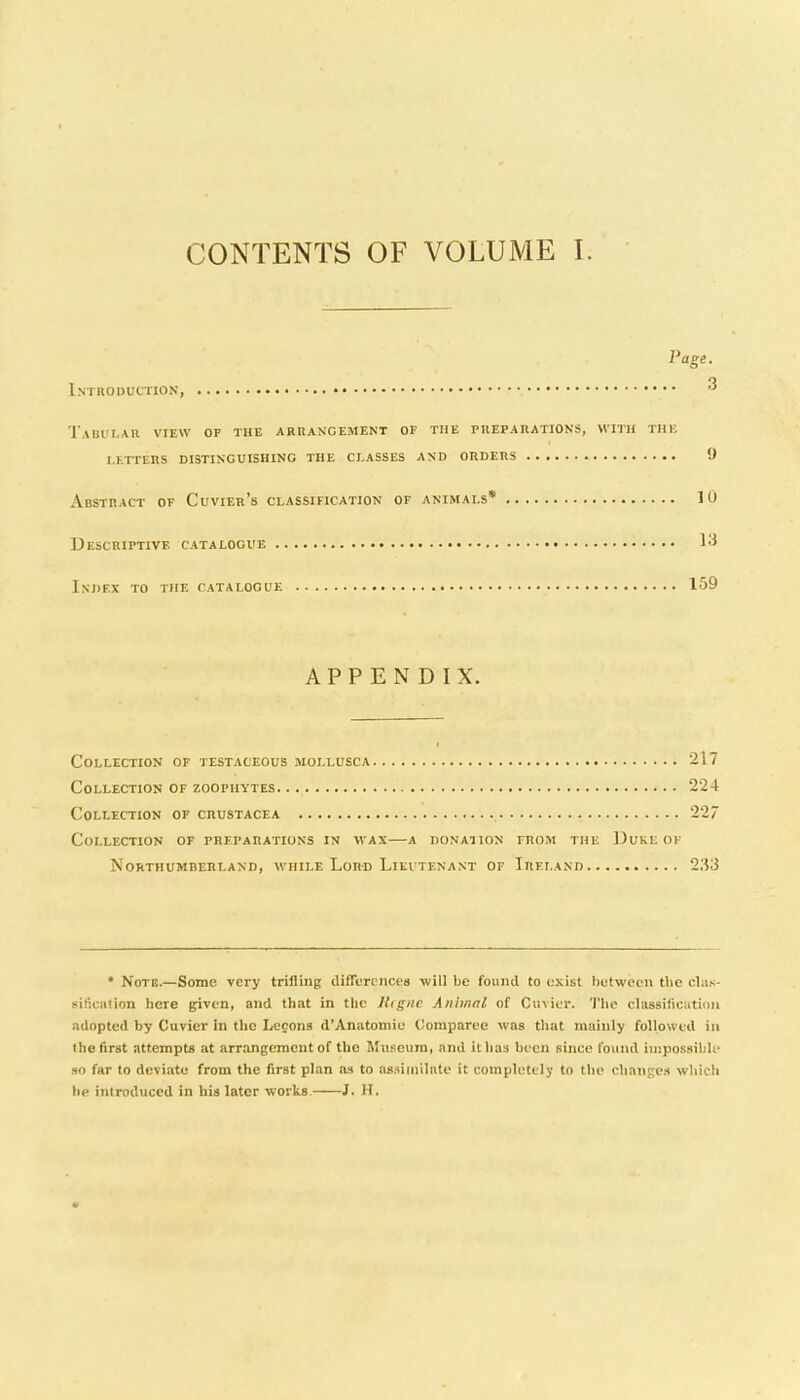 Vage. I.NTIIODUL'TION, • ^ TaUI'I.AR view of the ARUANGEMENT of the PUEPAIIATIONS, WITH THE letters distinguishing the classes and orders 9 Abstract of Cuvier's classification of animals* 10 Descriptive catalogue 13 Index to the catalogue 159 APPENDIX. Collection of testaceous mollusca 217 Collection of zoophytes 224 Collection of Crustacea 227 Collection of preparations in wax—a donaiion from the Duke of Northumberland, while Lord Lieutenant of Ireland 233 • Note.—Some very trifling differences will be found to uxist hutweon the clas- giliuation here given, and that in the Higne Animal of Cuvicv. The classifioatiim adopted by Cuvier In the Lecons d'Anatomie (!omparee was tliat mainly followed in the first attempts at arrangement of the Museum, and it has been since found iuspossiliU- an far to deviate from the first plan as to assiuiilnte it completely to the changes which hp introduced in his later works J. H.