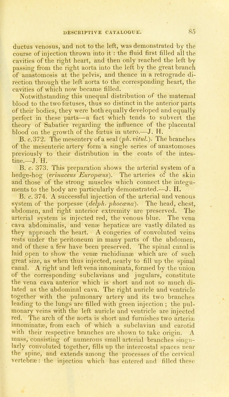 ductus venosus, and not to the left, was demonstrated by the course of injection thrown into it : the fluid first filled all the cavities of the right heart, and then only reached the left by passing from the right aorta into the left by the great branch of anastomosis at the jDelvis, and thence in a retrograde di- rection through the left aorta to the corresponding heart, the cavities of which now became filled. Notwithstanding this unequal distribution of the maternal blood to the two foetuses, thus so distinct in the anterior parts of their bodies, they were both equally developed and equally perfect in these parts—a fact which tends to subvert the theory of Sabatier regarding the influence of the placental blood on the growth of the foetus in utero.—J. H. B.C. 372. The mesentery of a seal (^jA. The branches of the mesenteric artery form a single series of anastomoses previously to their distribution in the coats of the intes- tine.—J. H. B. c. 373. This preparation shows the arterial system of a hedge-hog {erinaceus Europceus). The arteries of the skin and those of the strong muscles which connect the integu- ments to the body are particularly demonstrated.—J. H. B. c. 374. A successful injection of the arterial and venous system of the porpesse {delph. plioccena)- The head, chest, abdomen, and right anterior extremity are preserved. The arterial system is injected red, the venous blue. The vena cava abdominalis, and vense hepaticse are vastly dilated as they approach the heart. A congeries of convoluted veins rests under the peritoneum in many parts of the abdomen, and of these a few have been preserved. The spinal canal is laid open to show the venee rachidianae which are of such great size, as when thus injected, nearly to fill up the spinal canal. A right and left vena innominata, formed by the union of the corresponding subclavians and jugulars, constitute the vena cava anterior which is short and not so much di- lated as the abdominal cava. The right auricle and ventricle together with the pulmonary artery and its two branches leading to the lungs are filled with green injection ; the pul- monary veins with the left auricle and ventricle are injected red. The arch of the aorta is short and furnishes two arteria) innominatse, from each of which a subclavian and carotid with their respective branches are shown to take origin. A mass, consisting of numerous small arterial branches singu- larly convoluted together, fills up the intercostal spaces near the spine, and extends among the processes of the cervical vertebrae: the injection which has entered and filled these