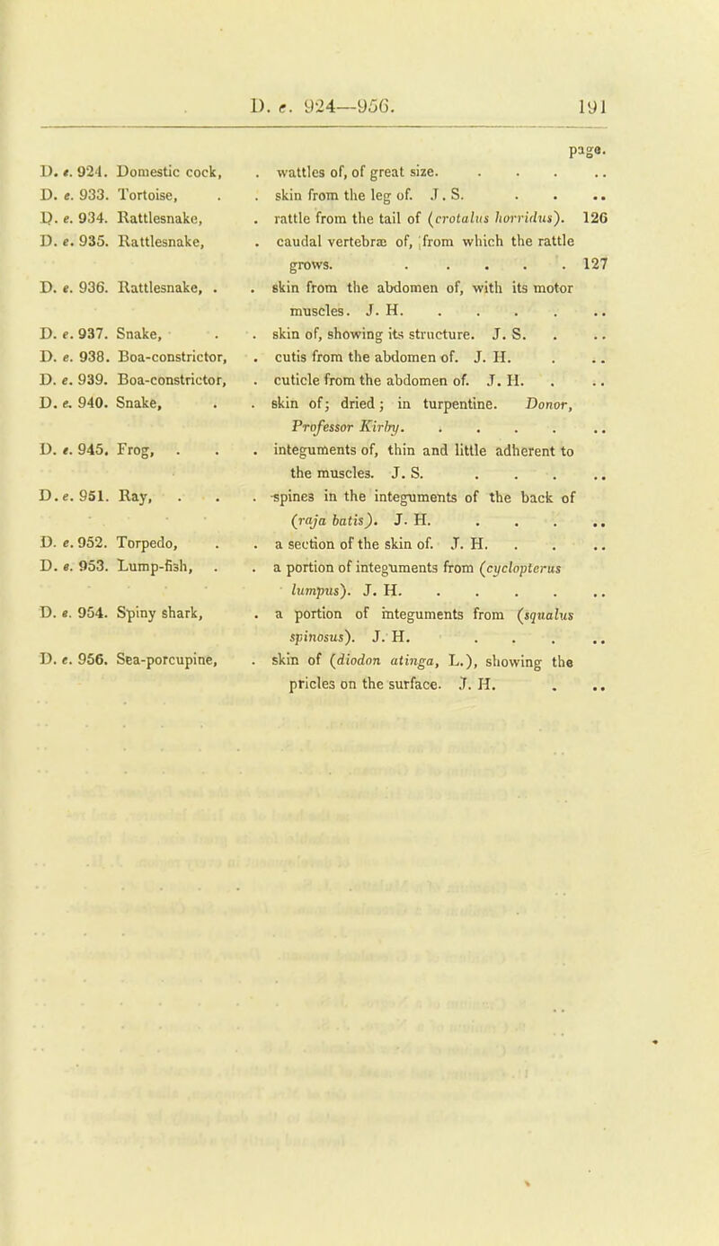 D. t. 924. Domestic cock, D. e. 933. Tortoise, p. e. 934. Rattlesnake, D. e. 935. Rattlesnake, D. t. 936. Rattlesnake, . D. e. 937. Snake, D. e. 938. Boa-constrictor, D. e. 939. Boa-constrictor, D. e. 940. Snake, D. t. 945. Frog, . D.e. 951. Ray, D. e. 952. Torpedo, D. «. 953. Lump-fish, . D. e. 954. Spiny shark, D. e. 956. Sea-porcupine, pag«. wattles of, of great size. skin from the leg of. .T. S. rattle from the tail of (crotalus horridus'). 126 caudal vertebrae of, [from which the rattle grows. ..... 127 skin from the abdomen of, with its motor muscles. J. H. skin of, showing its structure. J. S. cutis from the abdomen of. J. H. cuticle from the abdomen of. J. H. skin of; dried; in turpentine. Donor, Professor Kirhy. integuments of, thin and little adherent to the muscles. J. S. •spines in the integuments of the back of (raja batis). J. H. . . . ., a section of the skin of. J. H. a portion of integuments from (cycloptcrus himpus). J. H. a portion of integuments from (^squalus spinosus). J. H. skin of {diodon atinga, L.), showing the prides on the surface- .T. H.