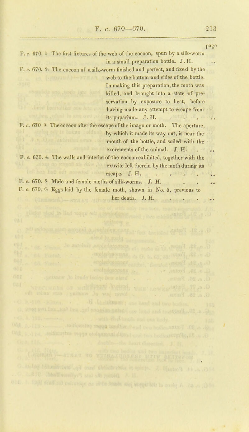 page F. <•. C70. I- The first fixtures of the web of the cocoon, spun by a silk-worm in a small preparation bottle. J. H. F. c. 670. 2- The cocoon of a silk-worm finished and perfect, and fixed by the web to the bottom and sides of the bottle. In making this preparation, the moth was killed, and brought into a state -of pre- servation by exposure to heat, before having made any attempt to escape from its puparrum. J. H. F. c, 670 3. Thecocoon after the escape of the imago or moth. The aperture, by which it made its way out, is near the mouth of the bottle, and soiled with the excrements of the animal. J. H. . .. F. c. 670. 4. The walls and interior of the cocoon exhibited, together with the exuviae left therein by the moth during its escape. J. H. F. c. 670. 5. Male and female moths of silk-worms. J. H. . . ,, F. c. 670. c. Eggs laid by the female moth, shown in No. 5, previous to her death. J. H. . . . „,