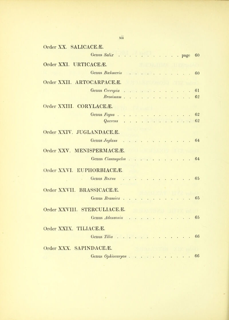 Order XX. SALICACE^. Genus Salix Order XXI. URTICACE^. Genus Bcehmeria Order XXII. ARTOCARPACE^. Genus Cecropia Brosimum Order XXIIL CORYLACE.E. Genus Fagus Quercus Order XXIV. JUGLANDACE^. Genus Juglans Order XXV. MENISPERMACEvE. Genus Cissampelos Order XXVI. EUPHORBIACE^E. Genus Buxus Order XXVII. BRASSICACE^. Genus Brassica Order XXVIII. STERCULIACE^l. Genus Adansonia Order XXIX. TILIACEiE. Genus Tilia Order XXX. SAPINDACEvE. Genus Ophiocaryon