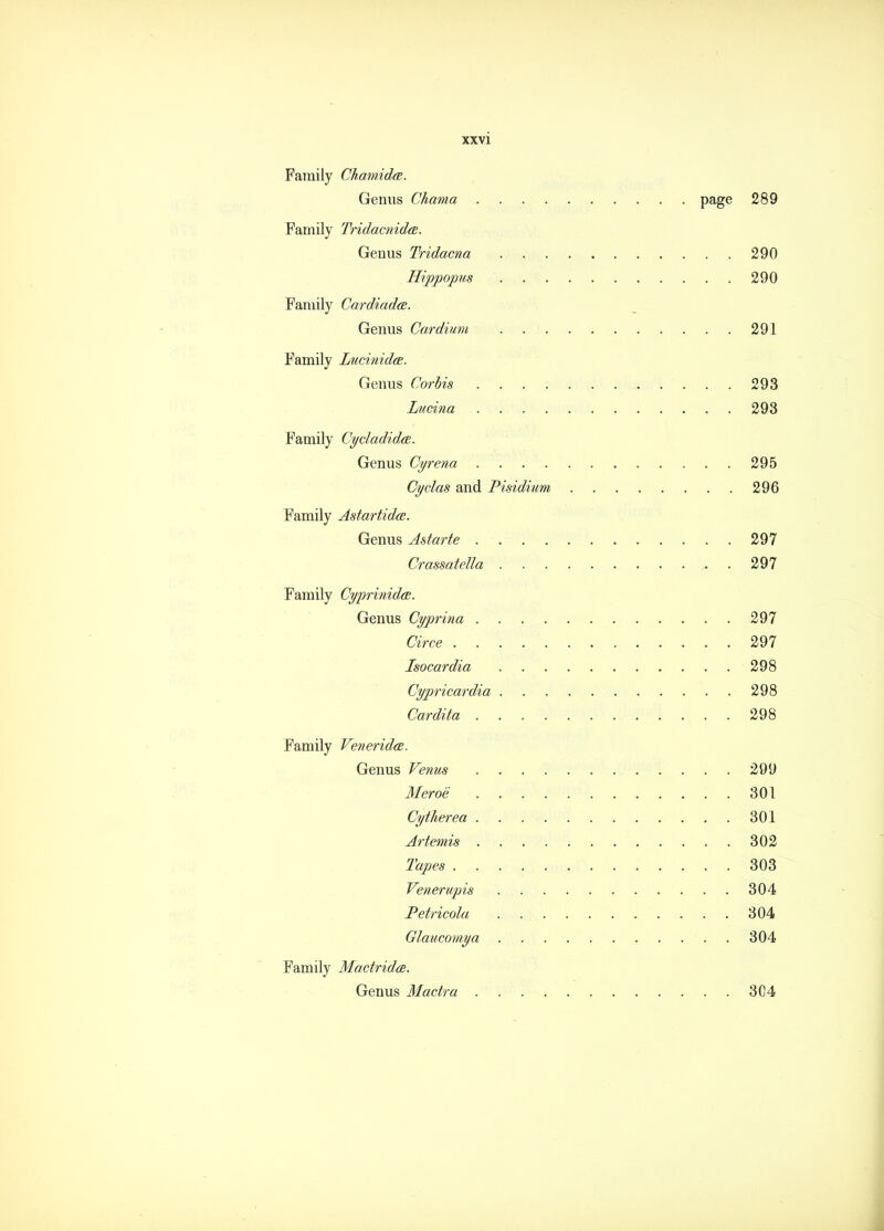 Family Chamidee. Genus Ckama page 289 Family Tridacnidce. Genus Tridacna 290 Hippopus 290 Family Cardiadce. Genus Cardium 291 Family Lucinidee. Genus Cor bis 293 Lucina 293 Family Cycladida. Genus Cyrena 295 Cyelas and Pisidium 296 Family Astartidce. Genus Astarte 297 Crassatetta 297 Family Cyprinidce. Genus Cyprina 297 Circe 297 Isocardia 298 Cypricardia 298 Cardita 298 Family Veneridoe. Genus Venus 299 Meroe 301 Cytherea 301 Artemis 302 Tapes 303 Venerupis 304 Petricola . 304 Glaucomya 304 Family Mactrida. Genus Mactra 3C4