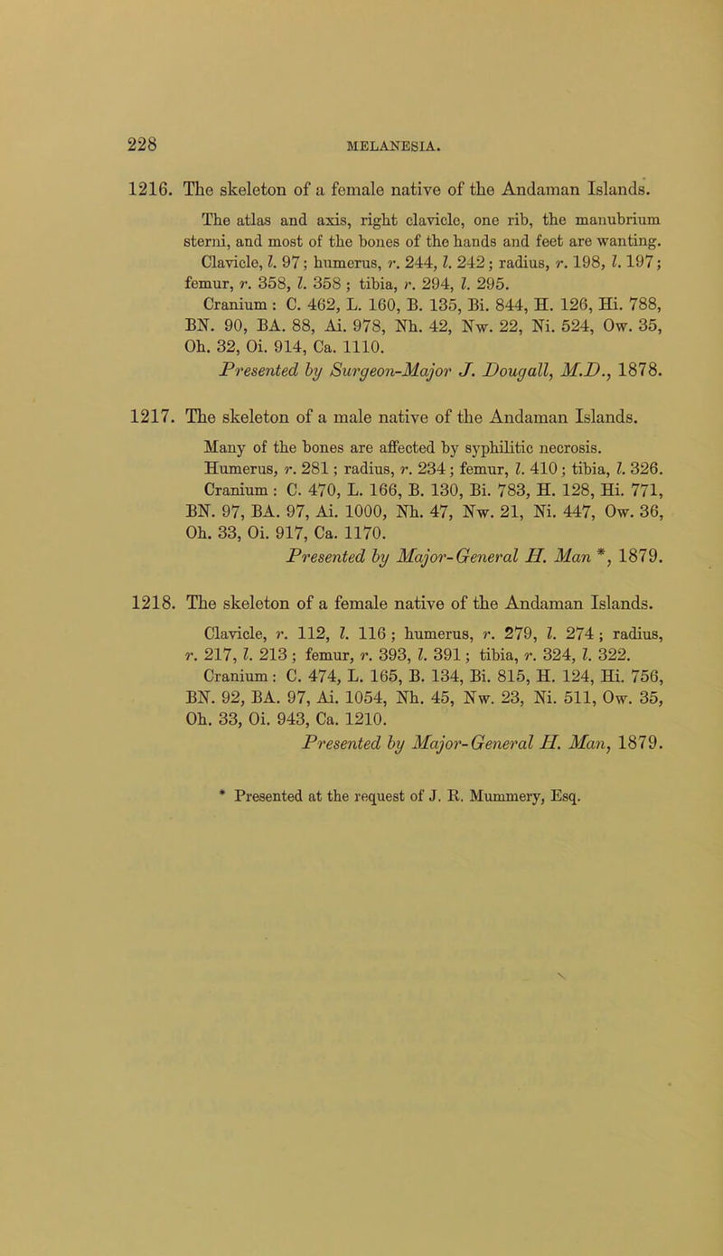 1216. The skeleton of a female native of the Andaman Islands. The atlas and axis, right clavicle, one rib, the manubrium sterni, and most of the bones of the hands and feet are wanting. Clavicle, I. 97; humerus, r. 244,1. 242 • radius, r. 198, 1.197; femur, r. 358, I. 358 ; tibia, r. 294, I. 295. Cranium : C. 462, L. 160, B. 135, Bi. 844, H. 126, Hi. 788, m. 90, BA. 88, Ai. 978, Nh. 42, Nw. 22, Ni. 524, Ow. 35, Oh. 32, Oi. 914, Ca. 1110. Presented hy Surgeon-Major J. Dougall, M.D., 1878. 1217. The skeleton of a male native of the Andaman Islands. Many of the hones are affected by syphilitic necrosis. Humerus, r. 281; radius, r. 234; femur, I. 410; tibia, I 326. Cranium: C. 470, L. 166, B. 130, Bi. 783, H. 128, Hi. 771, BN. 97, BA. 97, Ai. 1000, Nh. 47, Nw. 21, Ni. 447, Ow. 36, Oh. 33, Oi. 917, Ca. 1170. Presented hy Major-General H. Man *, 1879. 1218. The skeleton of a female native of the Andaman Islands. Clavicle, r. 112, I. 116 ; humerus, r. 279, I. 274 ; radius, r. 217, I. 213; femur, r. 393, I. 391; tibia, r. 324, I. 322. Cranium: C. 474, L. 165, B. 134, Bi. 815, H. 124, Hi. 756, m. 92, BA. 97, Ai. 1054, Nh. 45, Nw. 23, Ni. 511, Ow. 35, Oh. 33, Oi. 943, Ca. 1210. Presented hy Major-General H. Man, 1879. * Presented at the request of J. R. Mummery, Esq.