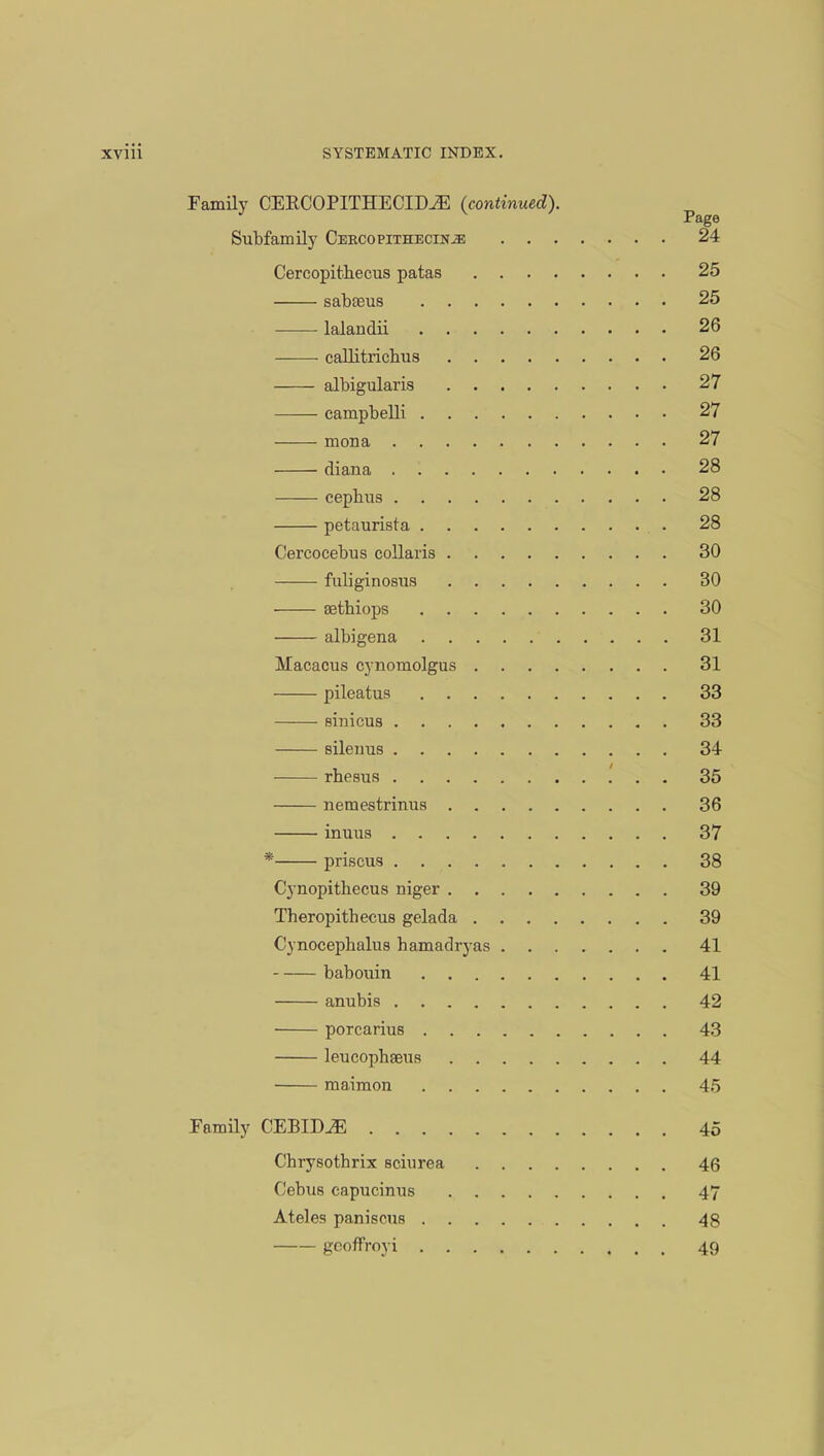 Family CEECOPITHECID^E (continued). ^ Subfamily Ceecopithecin^; 24 Cercopithecus patas 25 sabaeus 25 lalandii 26 ■ callitricbus 26 albigularis 27 campbelli 27 mcraa .... 27 diana .1 28 cephus 28 petaurista 28 Cercocebus collaris 30 fuliginosus 30 sethiops 30 albigena 31 Macacus cynomolgus 31 pileatuB 33 sinicus 33 sileuus 34 rhesus 35 nemestrinua 36 inuus 37 * priscus 38 Cynopithecus niger 39 Theropitbecus gelada 39 Cynocephalus hamadryas 41 babouin 41 anubis 42 porcarius 43 leucopbaeus 44 maimon 45 Family CEBID^E 45 Chrysothrix sciurea 46 Oebus capucinus 47 Ateles pan is cus 48 gcoffroyi 49