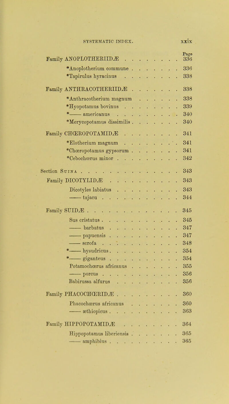 Page Family ANOPLOTHEPJID^E 336 *Anoplotberium commune . . 336 *Tapirulus byraeinus 338 Family ANTHRACOTHEBJIM 338 *Antbracotherium magnum 338 *Hyopotamua bovinus 339 * americanus 340 *Merycopotamua dissimilia 340 Family CHCEEOPOTAMID^E 341 *Elotherium magnum 341 *Choeropc-tamus gypsorum 341 *Cebocho3rus minor 342 Section Stjina 343 Family DICOTYLID^E 343 Dicotylea labiatua 343 tajacu 344 Family SUID^E 345 Sus cristatus 345 barbatus 347 papuenaia 347 scrofa . 348 * hysudricus 354 * giganteus 354 Potamocbcerus africanus 355 porcus 356 Babirussa alfurus 356 Family PHACOCHCEPJM 360 Phacochoerus africanus 360 setbiopicua 363 Family HIPPOPOTAMIDiE 364 Hippopotamua liborionsis 365 ampbibius 365